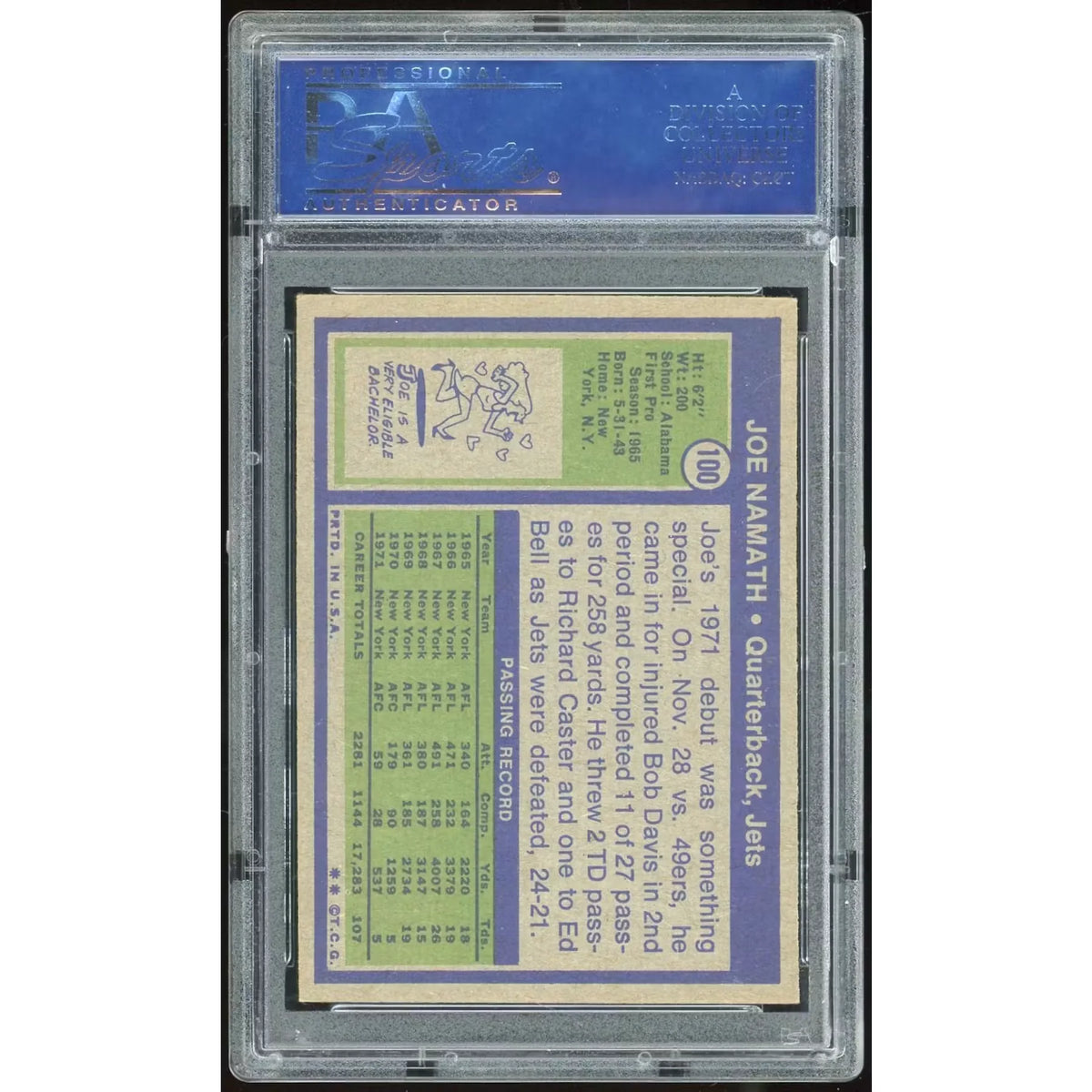 Joe Namath 1972 Topps #100 Card | PSA 8 - D9 | P5594685