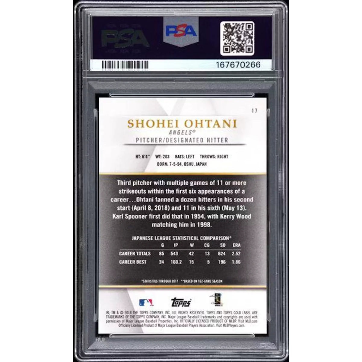 Shohei Ohtani 2018 Topps Gold Label Rookie Card | PSA 10 | P5598939