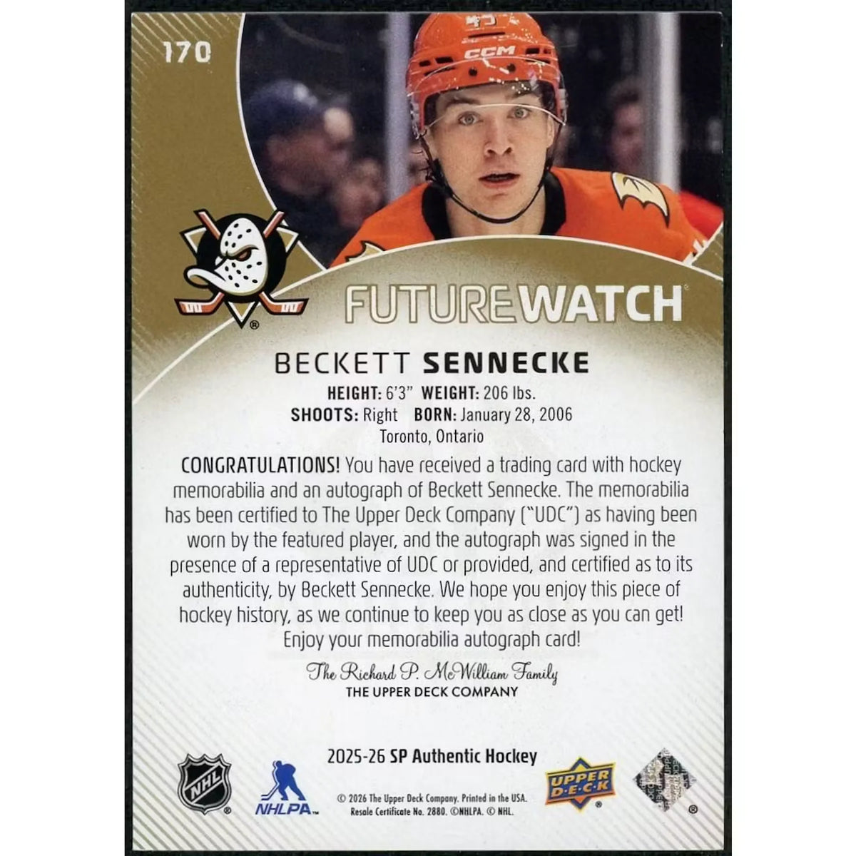 Beckett Sennecke 2025-26 Upper Deck SP Authentic Card | Future Watch Auto | P5599027