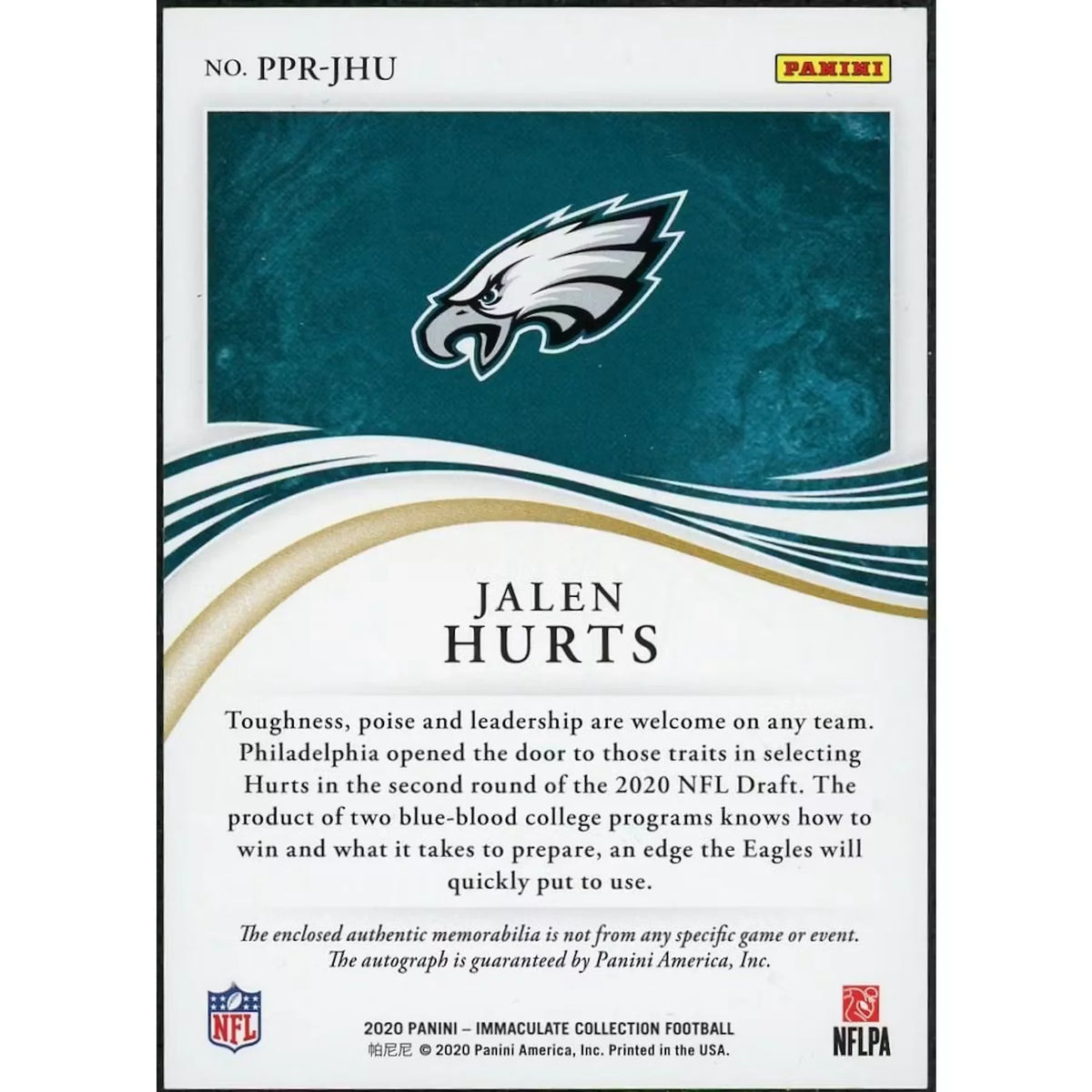 Jalen Hurts Signed 2020 Panini Immaculate Rookie Patch Auto |/25 | P5599151