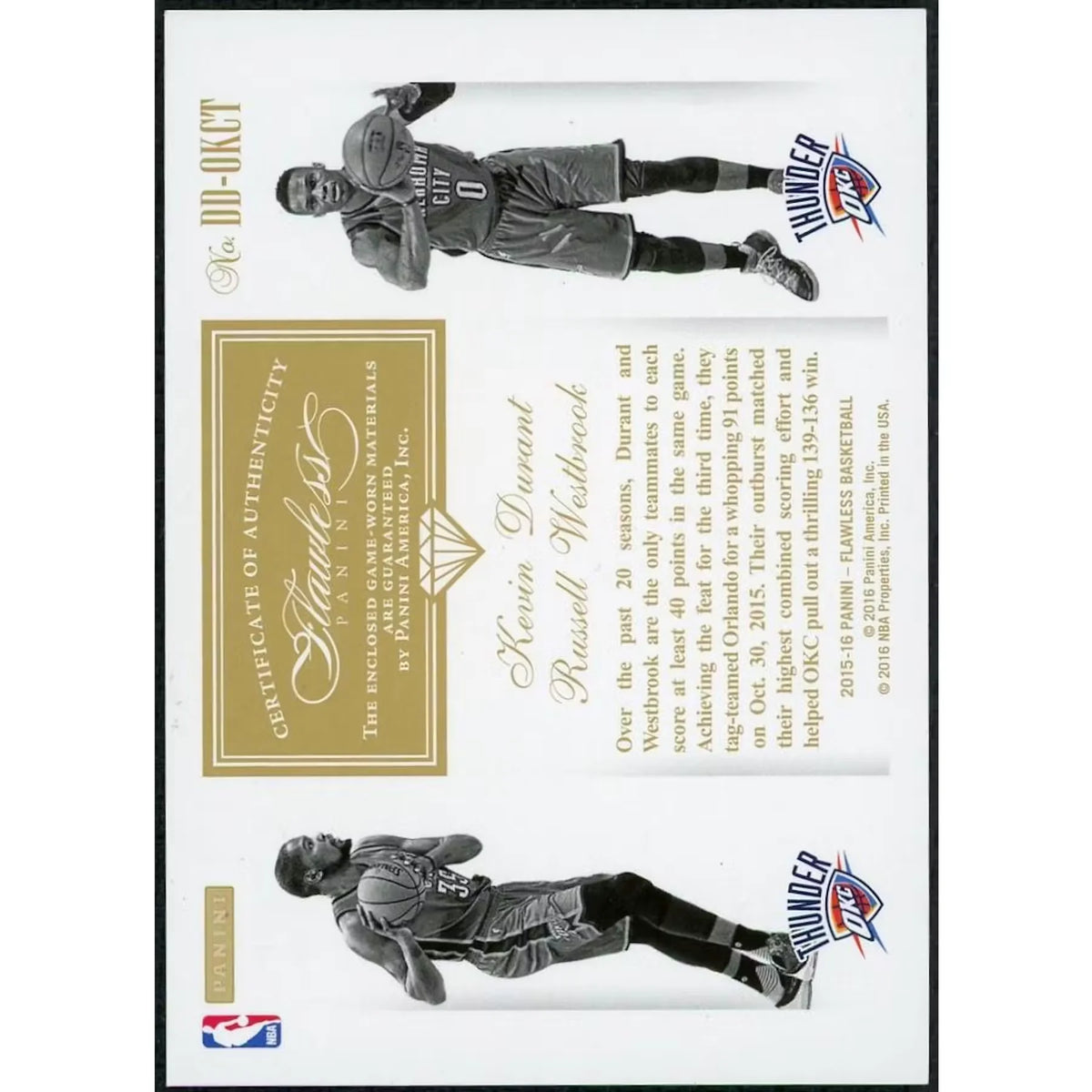 Kevin Durant & Russell Westbrook Signed Dual Patch Card | 2015-16 Panini | P5599166