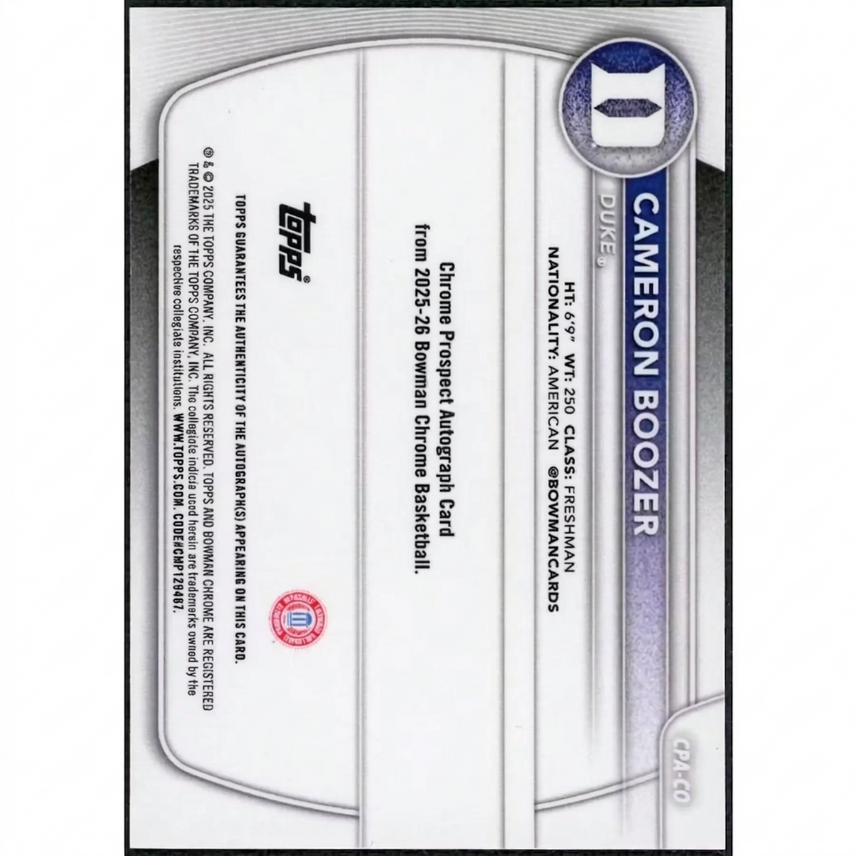 Cameron Boozer 2025-26 Bowman Chrome Card | 1st Bowman Gold Refractor Auto/50 | P5599176