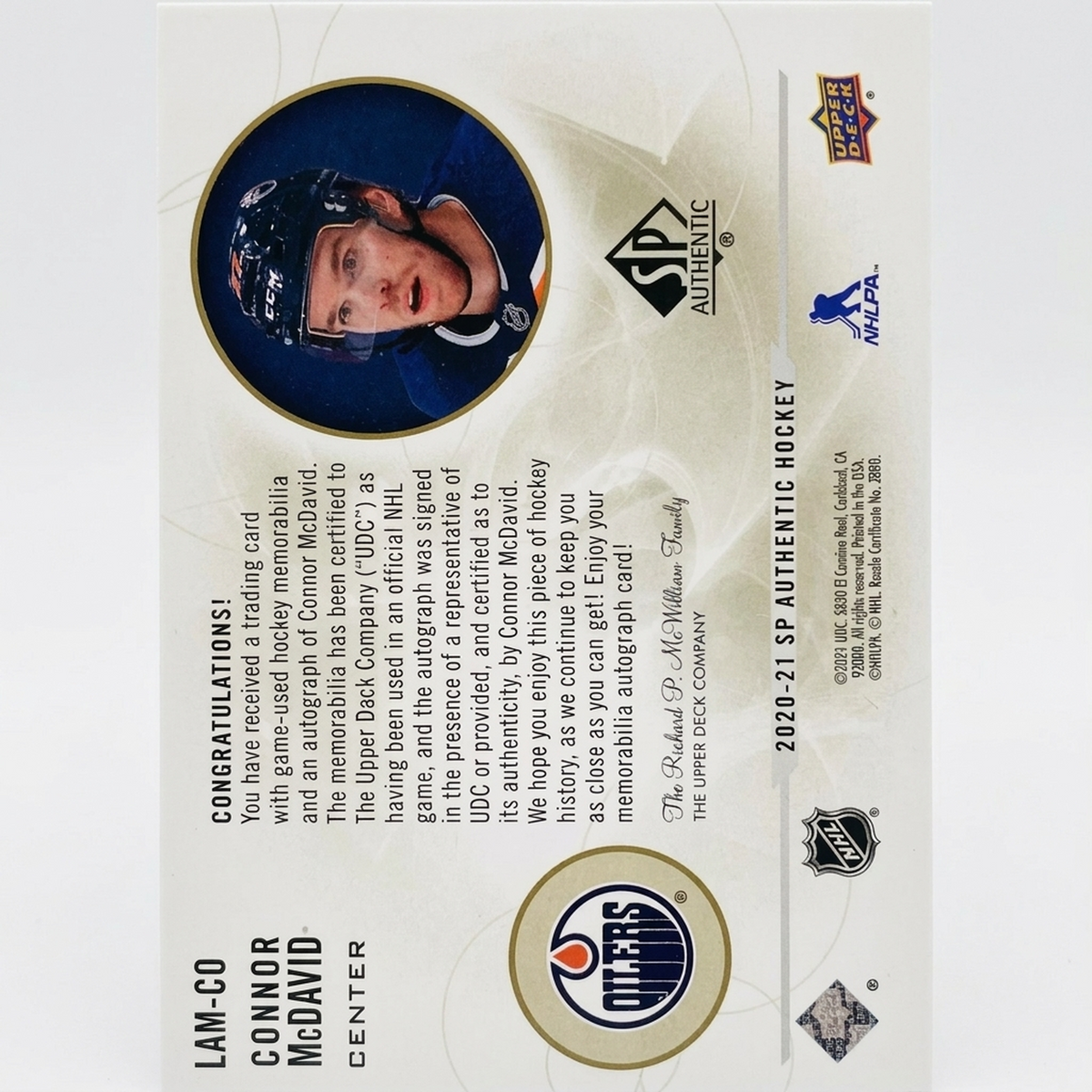 Connor McDavid Signed 2020-21 UD SP Authentic Card | Limited Auto Material/10 | P5599190
