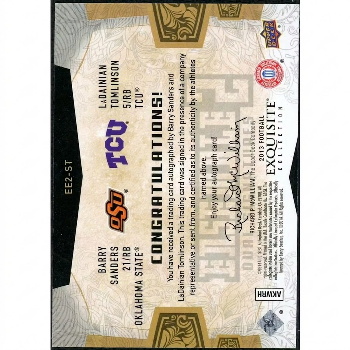 Barry Sanders & LaDainian Tomlinson Signed Card | 2013 Upper Deck Exquisite | P5599235