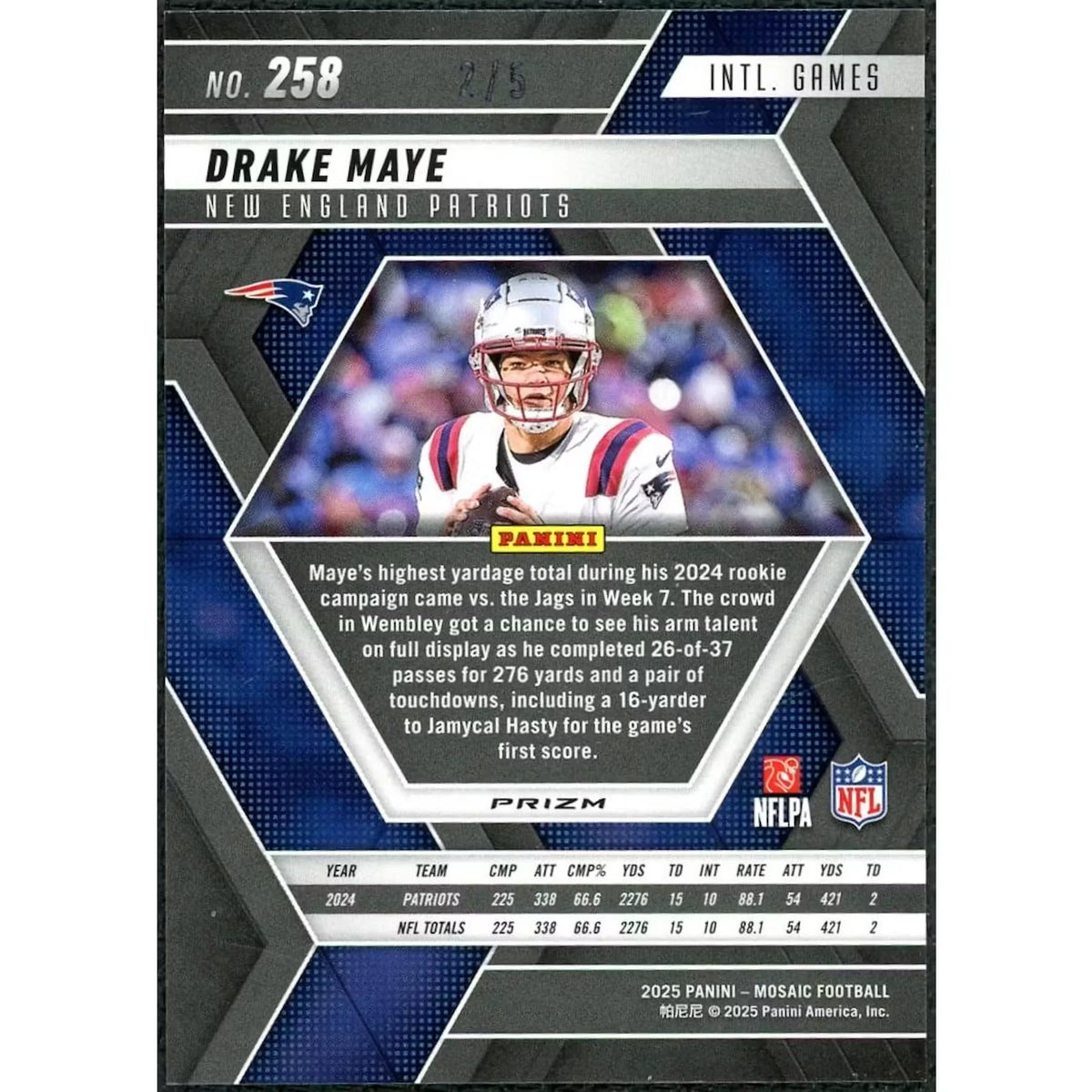 Drake Maye 2025 Panini Mosaic Gold Glitter Card | England Games/5 | P5599304