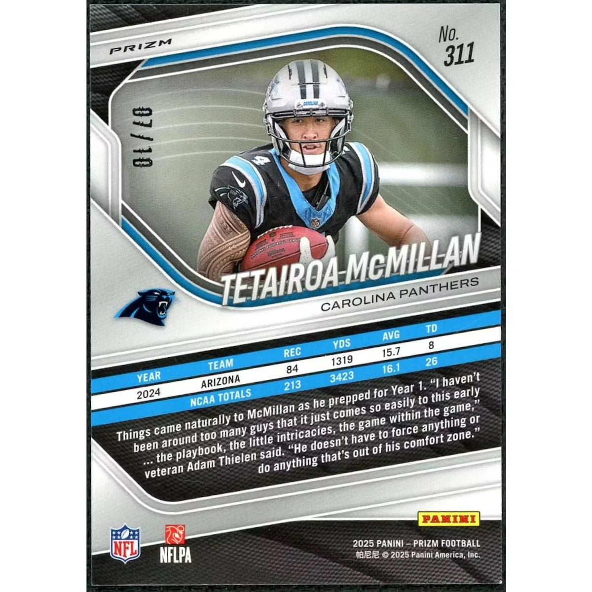 Tetairoa McMillan 2025 Panini Prizm Gold Choice Rookie Card #311 | P5599329
