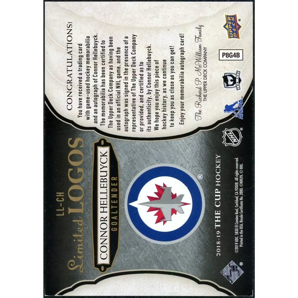 Connor Hellebuyck 2018 Upper Deck The Cup Limited Logos Card |/50 | P5599330