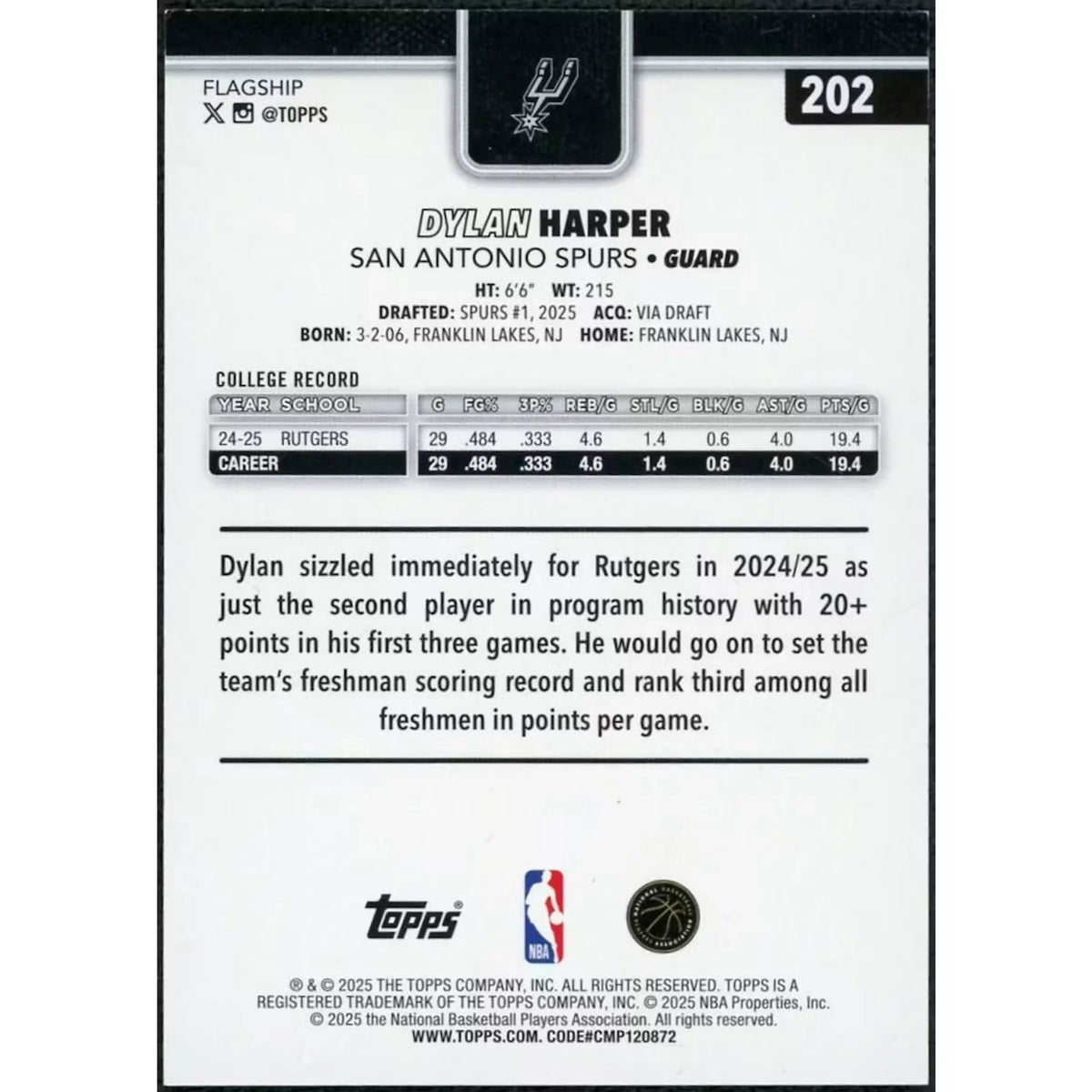 Dylan Harper 2025 Topps Flagship Black Rookie Card | #202/68 | P5599356