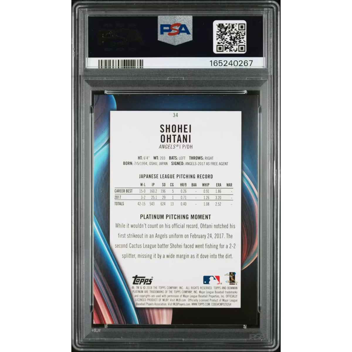 2018 Bowman Platinum Shohei Ohtani Rookie With Glove-Ice #34 PSA 9 - D2 | P5599428