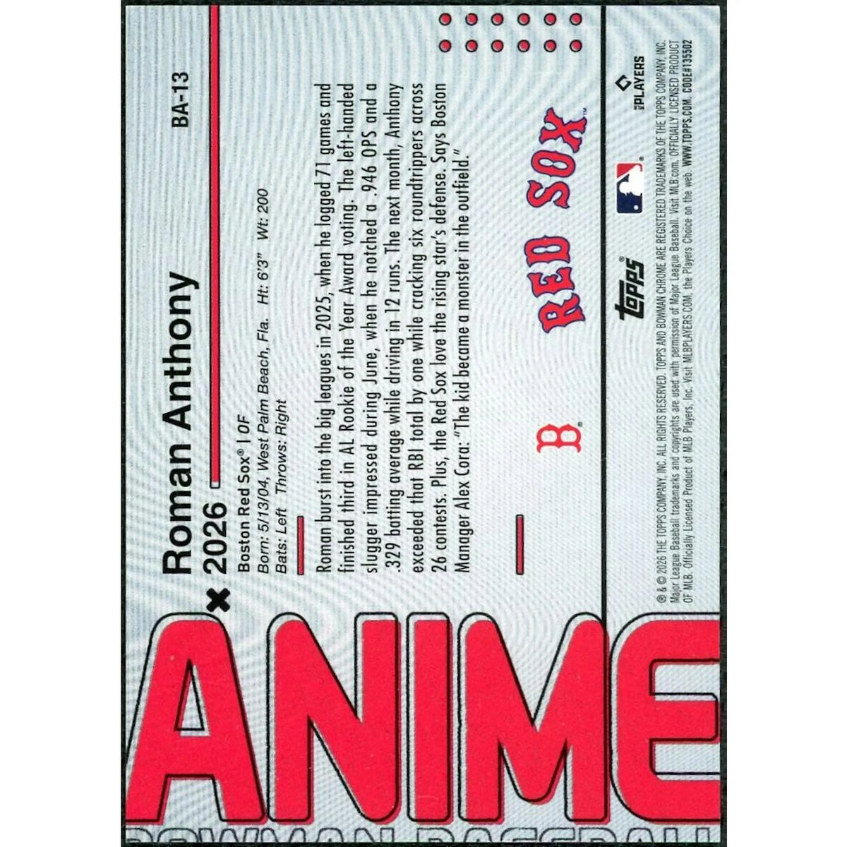 Roman Anthony 2026 Bowman Chrome Anime Rookie Card | #BA-13 | P5599429