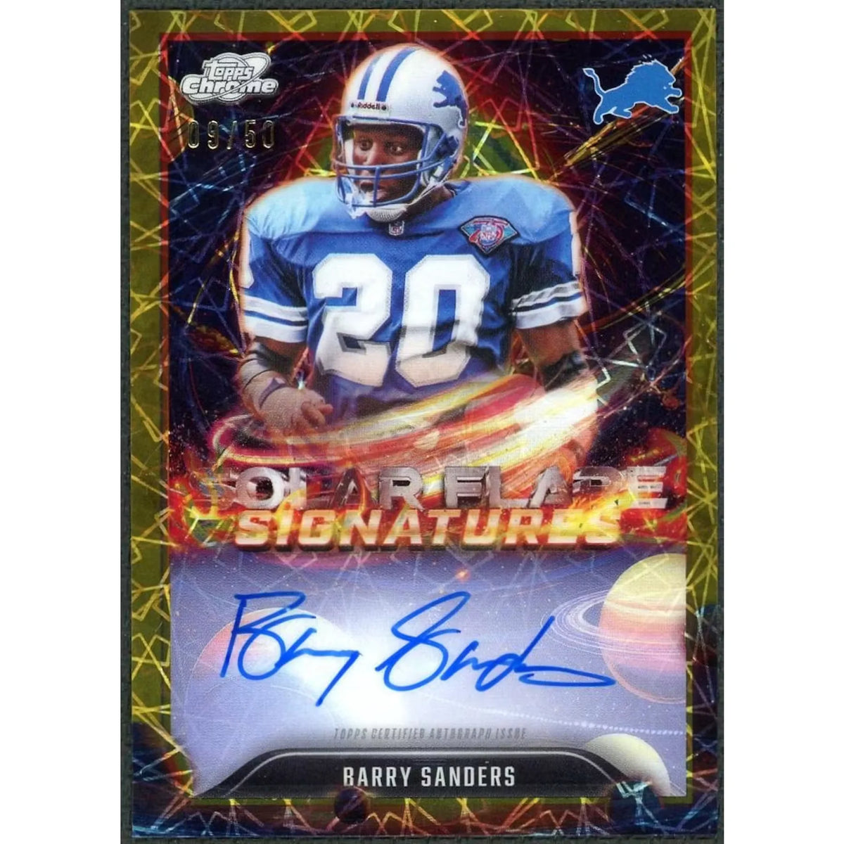 Barry Sanders Signed 2025 Topps Chrome Cosmic Card | Gold Lazer Solar Flare | P5599430