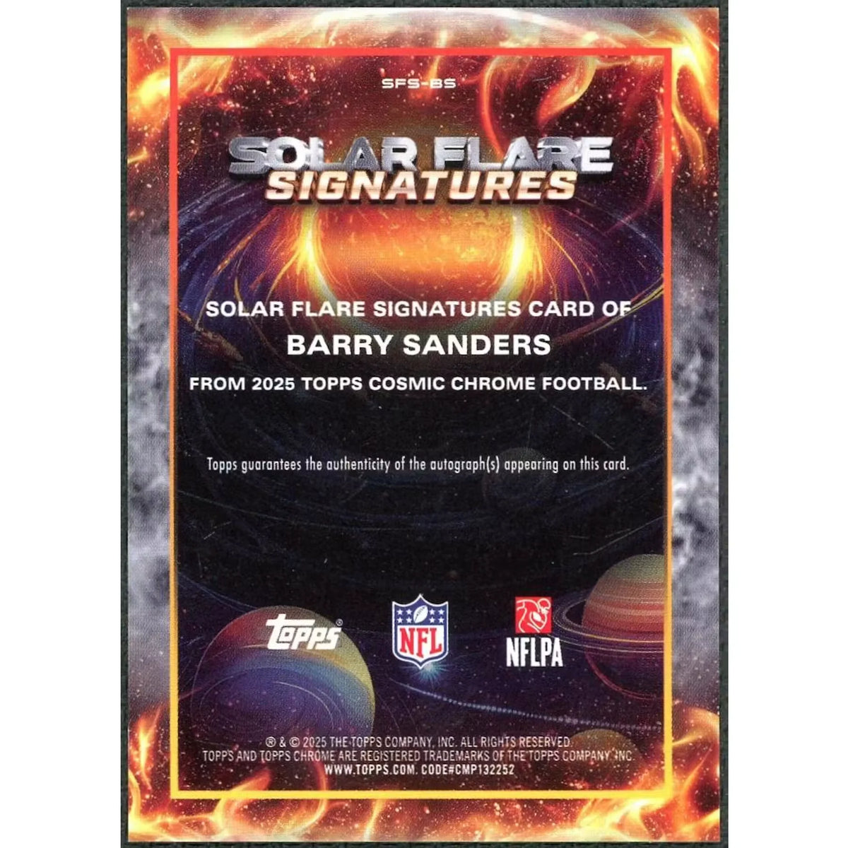 Barry Sanders Signed 2025 Topps Chrome Cosmic Card | Gold Lazer Solar Flare | P5599430