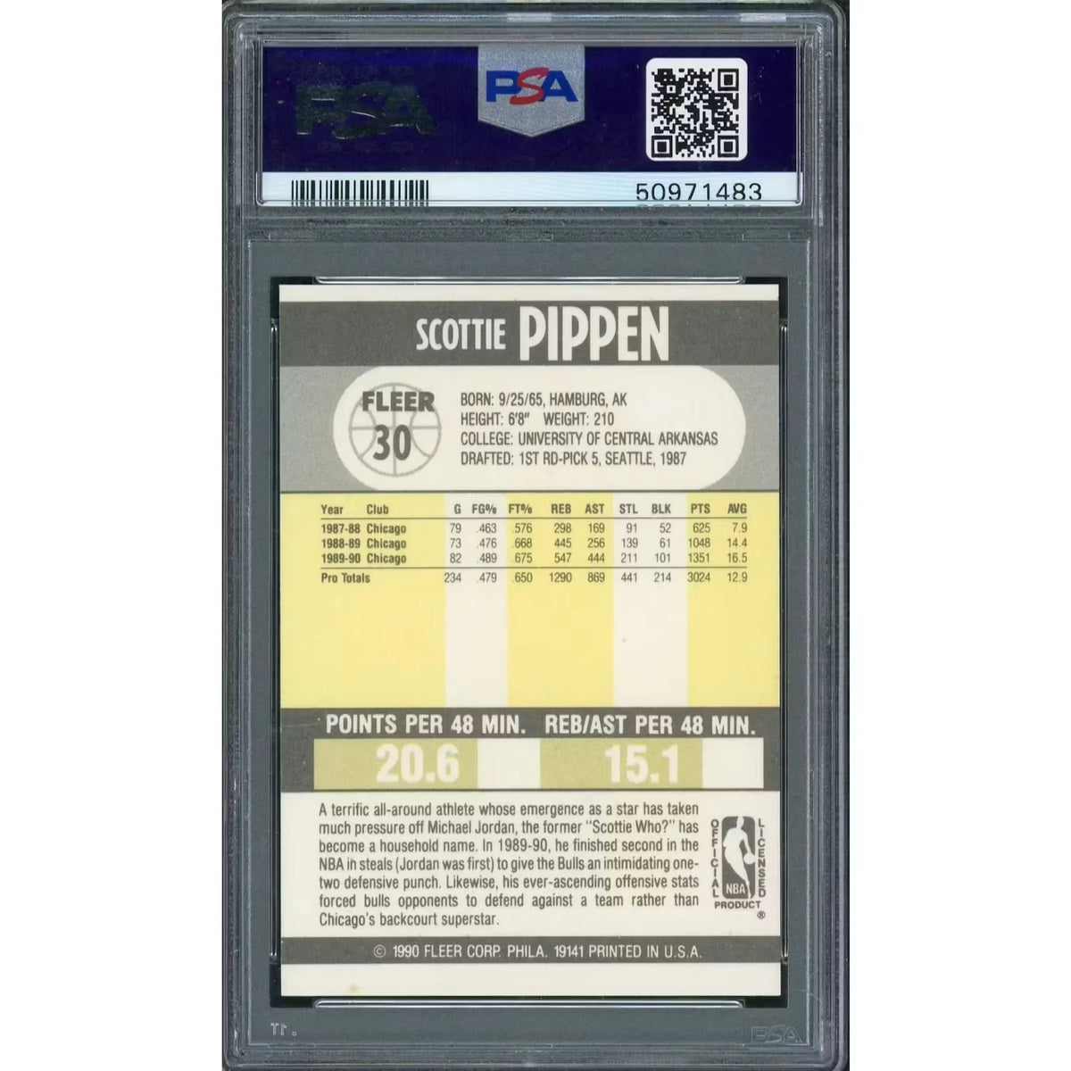1990 Fleer Scottie Pippen #30 Basketball Card | PSA 10 | P5599953