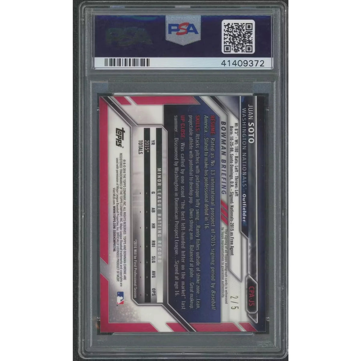 Juan Soto 2016 Bowman Chrome Red Refractor Prospect Auto | PSA 9 | P5645104
