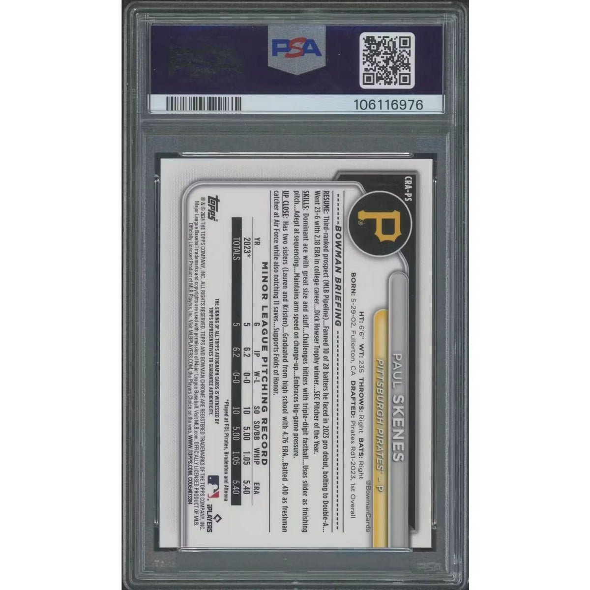 Paul Skenes 2024 Bowman Chrome Rookie Superfractor Auto | 1/1 PSA 10 | P5645105