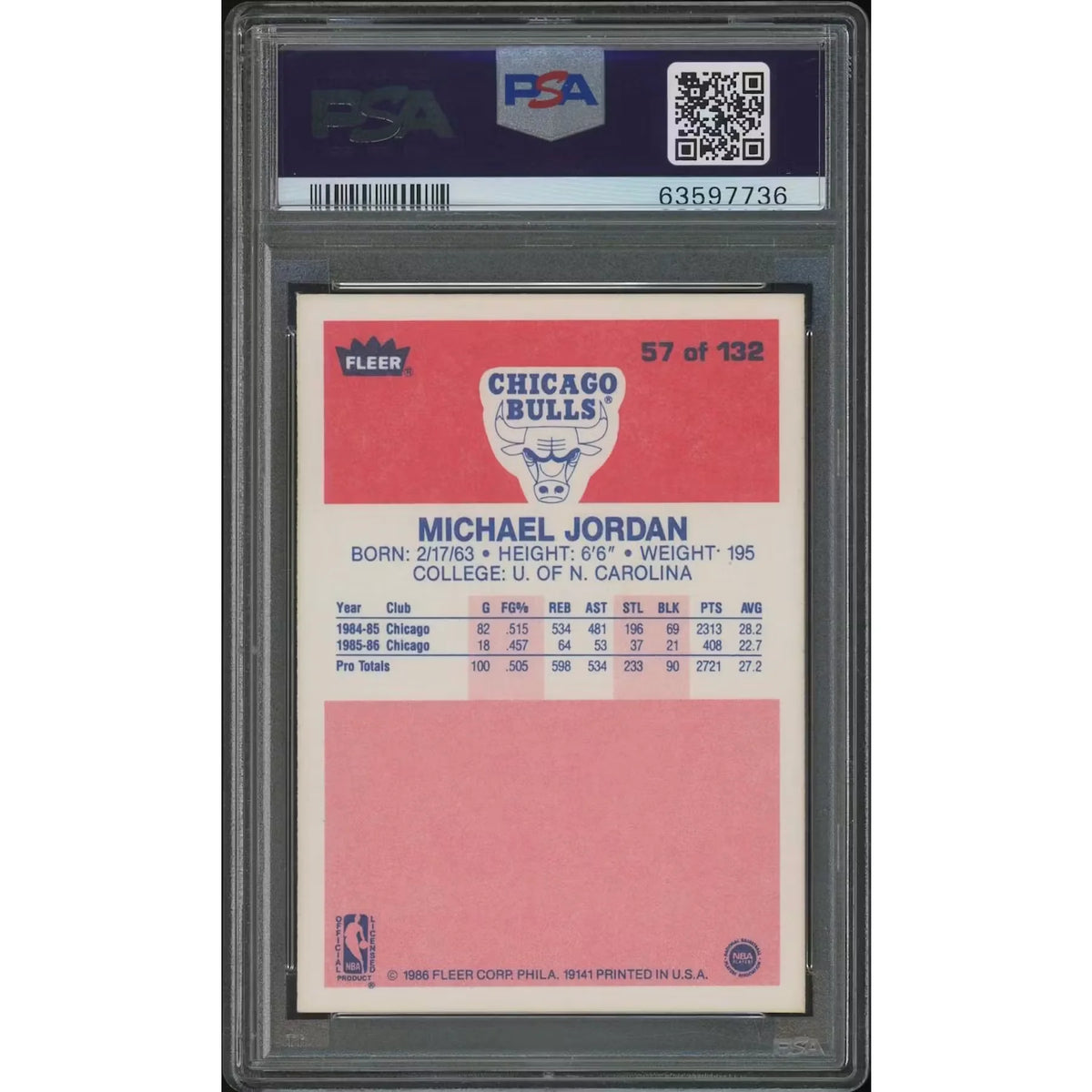 Michael Jordan 1986-87 Fleer Basketball #57 Rookie Card | PSA 6 EX-MT | P5645132