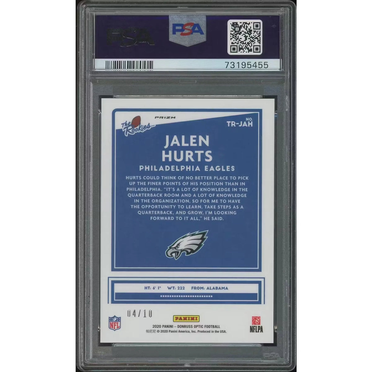 Jalen Hurts 2020 Panini Donruss Optic Gold Rookie Card #04/10 | PSA 10 Gem Mint | P5645281