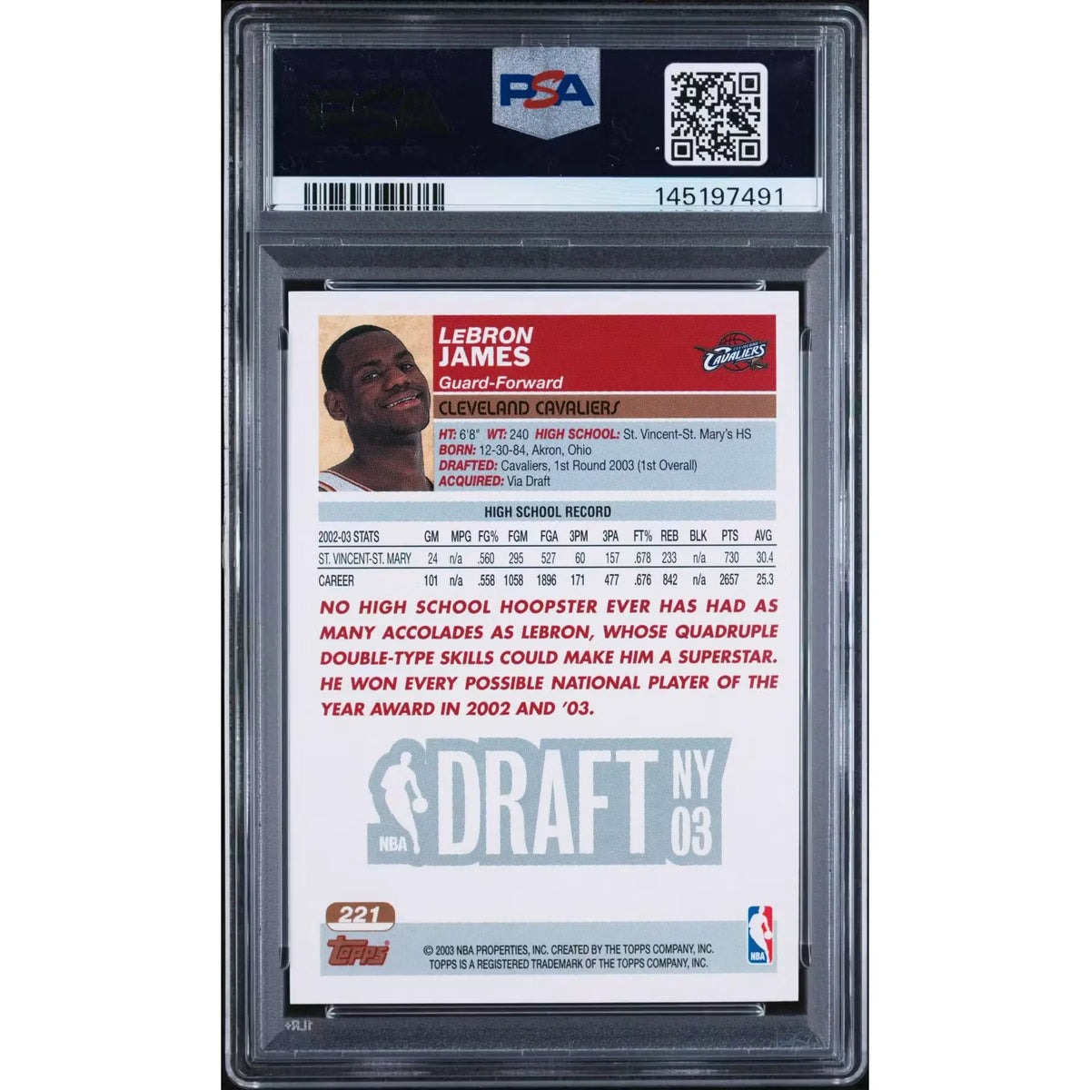 2003 Topps Lebron James Rookie #221 PSA 9 - D2 | P5645310