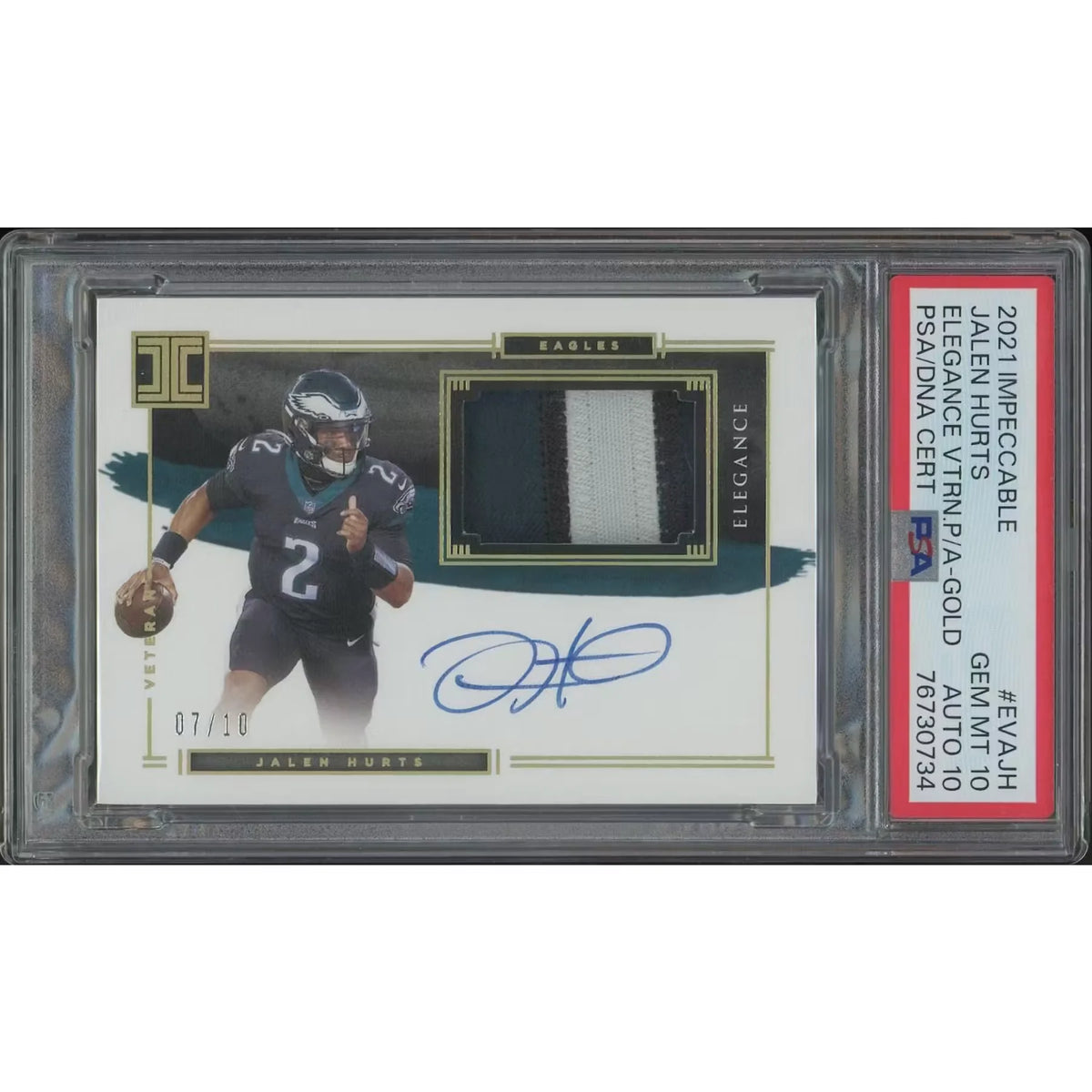 Jalen Hurts Signed 2021 Panini Impeccable #07 Card | Gold Elegance Patch Auto | P5645476