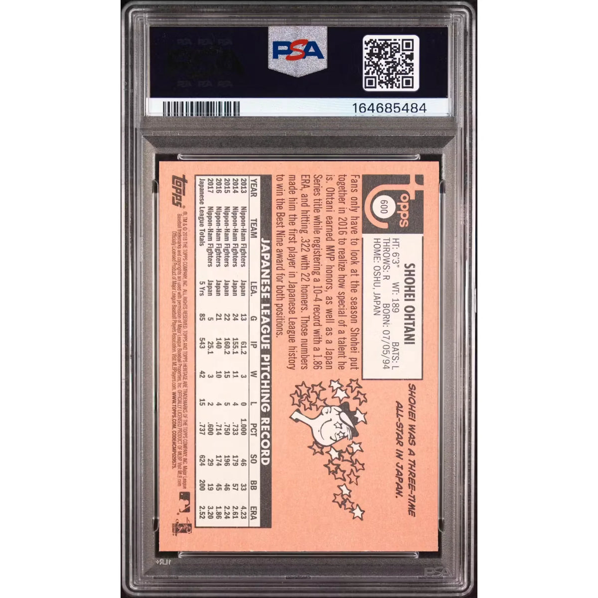 2018 Topps Heritage Shohei Ohtani Rookie #600 PSA 9 - D2 | P5645926