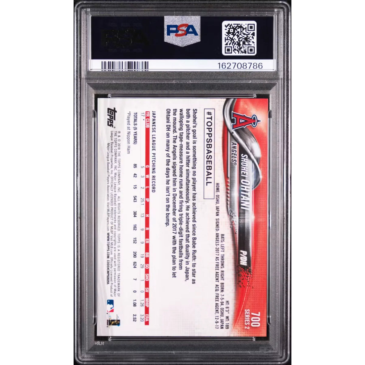 2018 Topps Shohei Ohtani Rookie #700 PSA 9 - D3 | P5645927