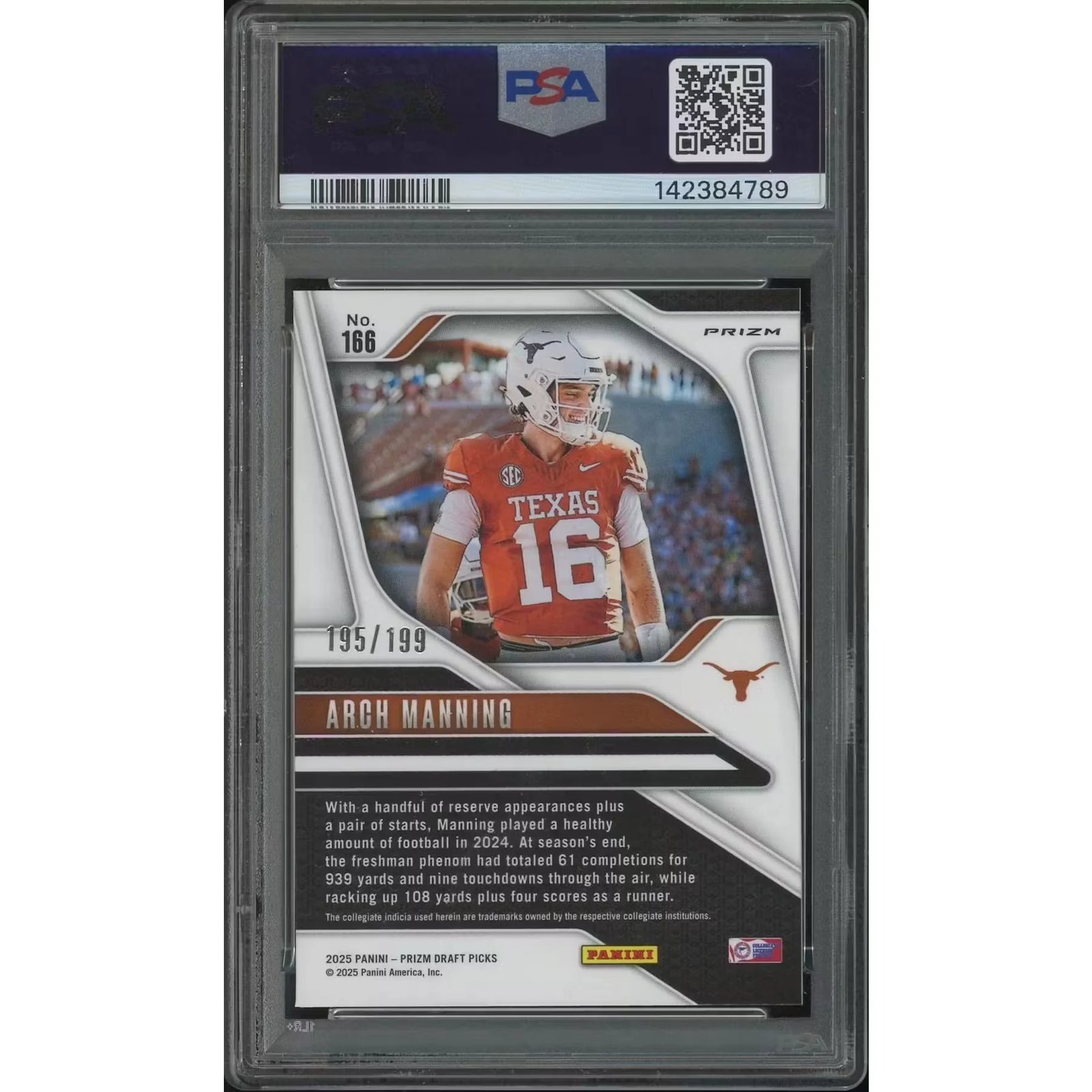 Arch Manning 2025 Panini Prizm Draft Picks #166 Purple Ice Rookie | PSA 9