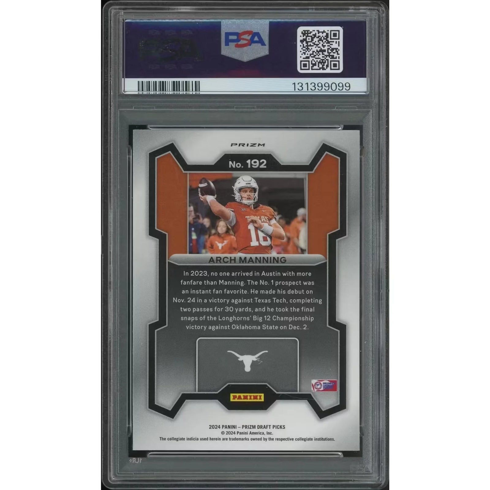 Arch Manning 2024 Panini Prizm Draft Picks #192 Green Prizm Rookie | PSA 9
