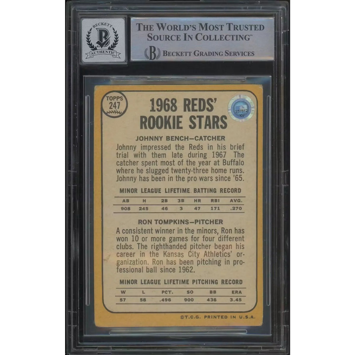 Johnny Bench Signed 1968 Topps #247 Rookie Card | BAS Authentic | P5687783