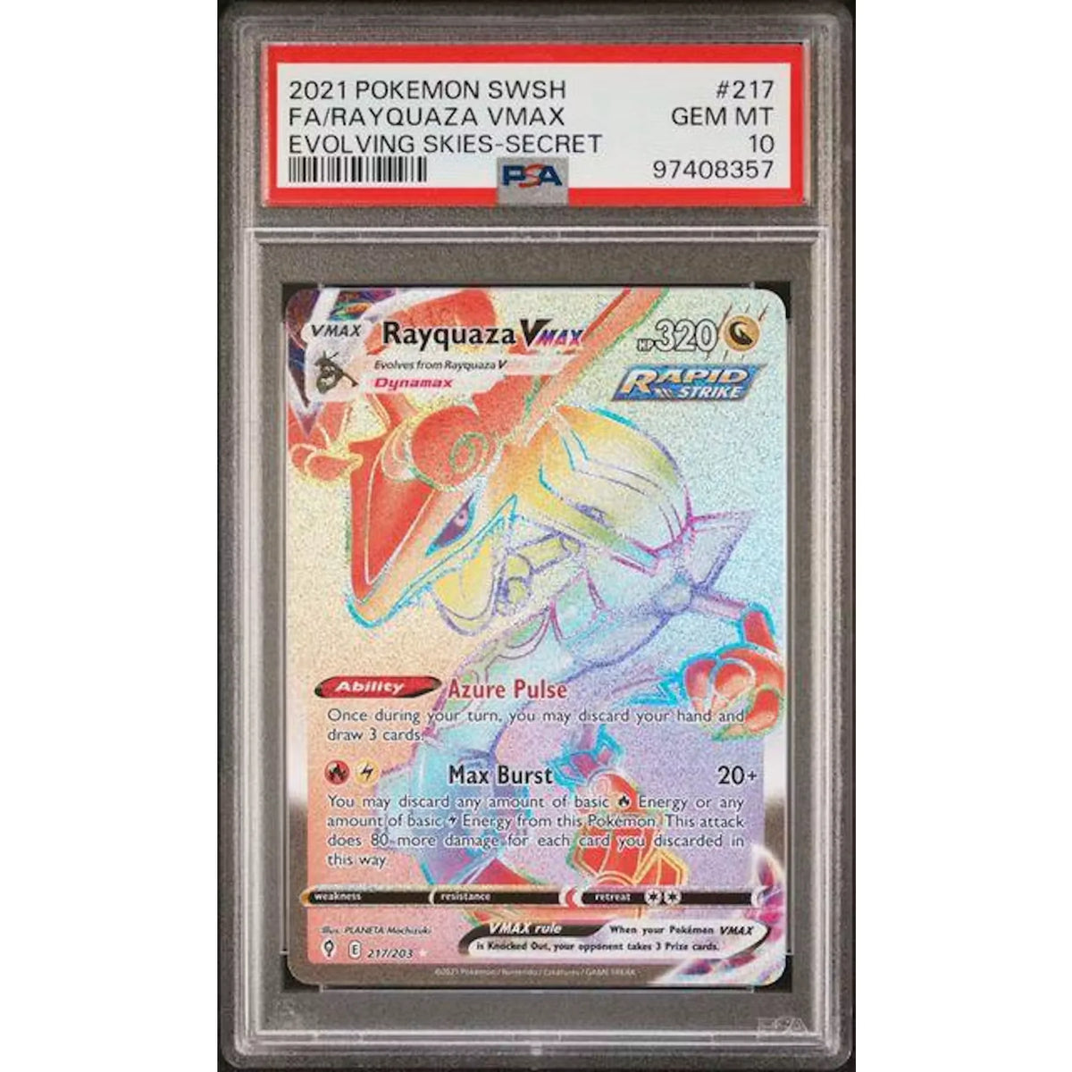 2021 Pokemon Evolving Skies Rayquaza VMax Full Art Secret #217 | PSA 10 | P5688902