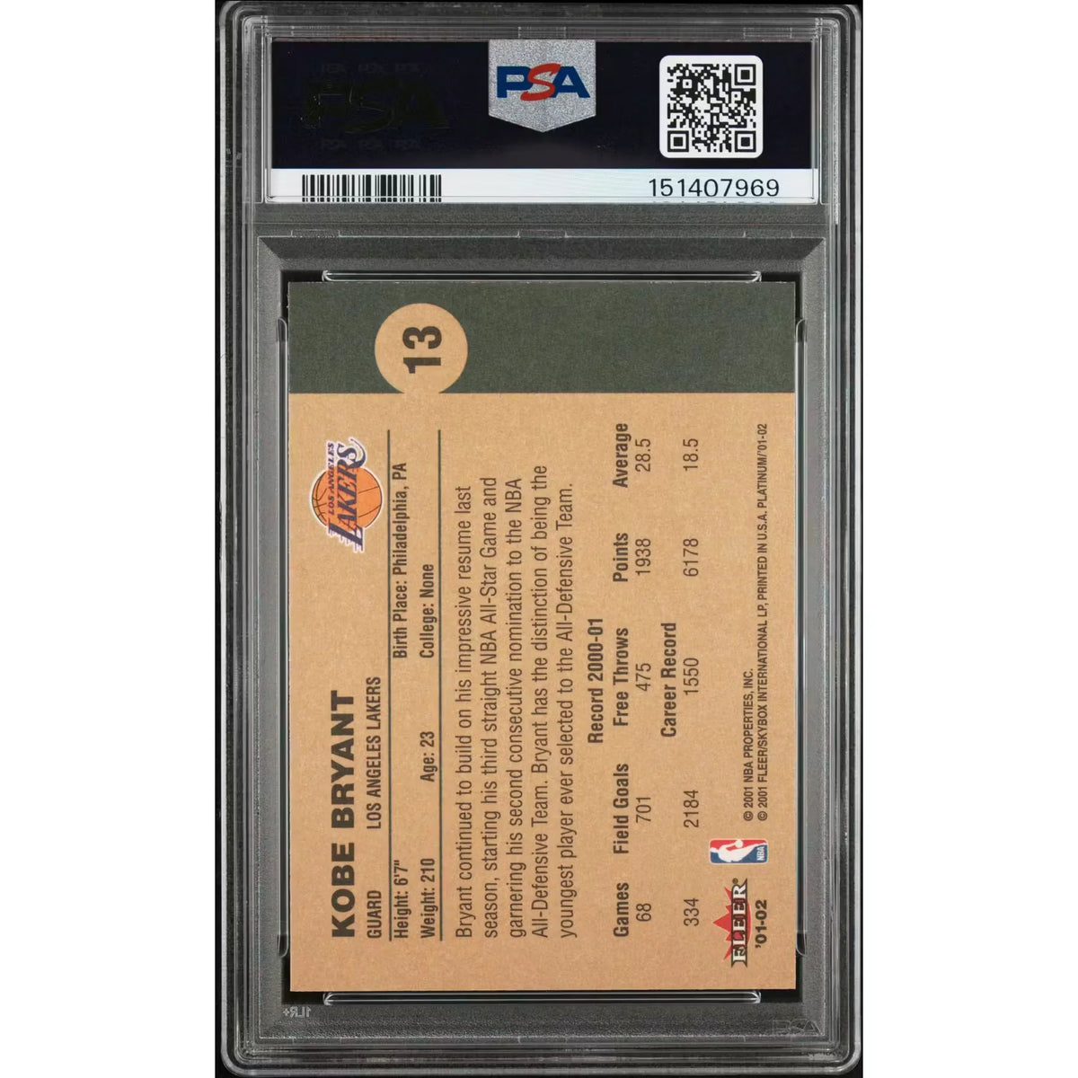 Kobe Bryant 2001 Fleer Platinum Card #13 | PSA Gem Mint 10 | P5691259