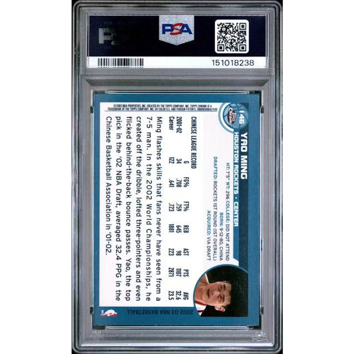 Yao Ming 2002 Topps Chrome Rookie Card #146 | PSA 10 | P5691333