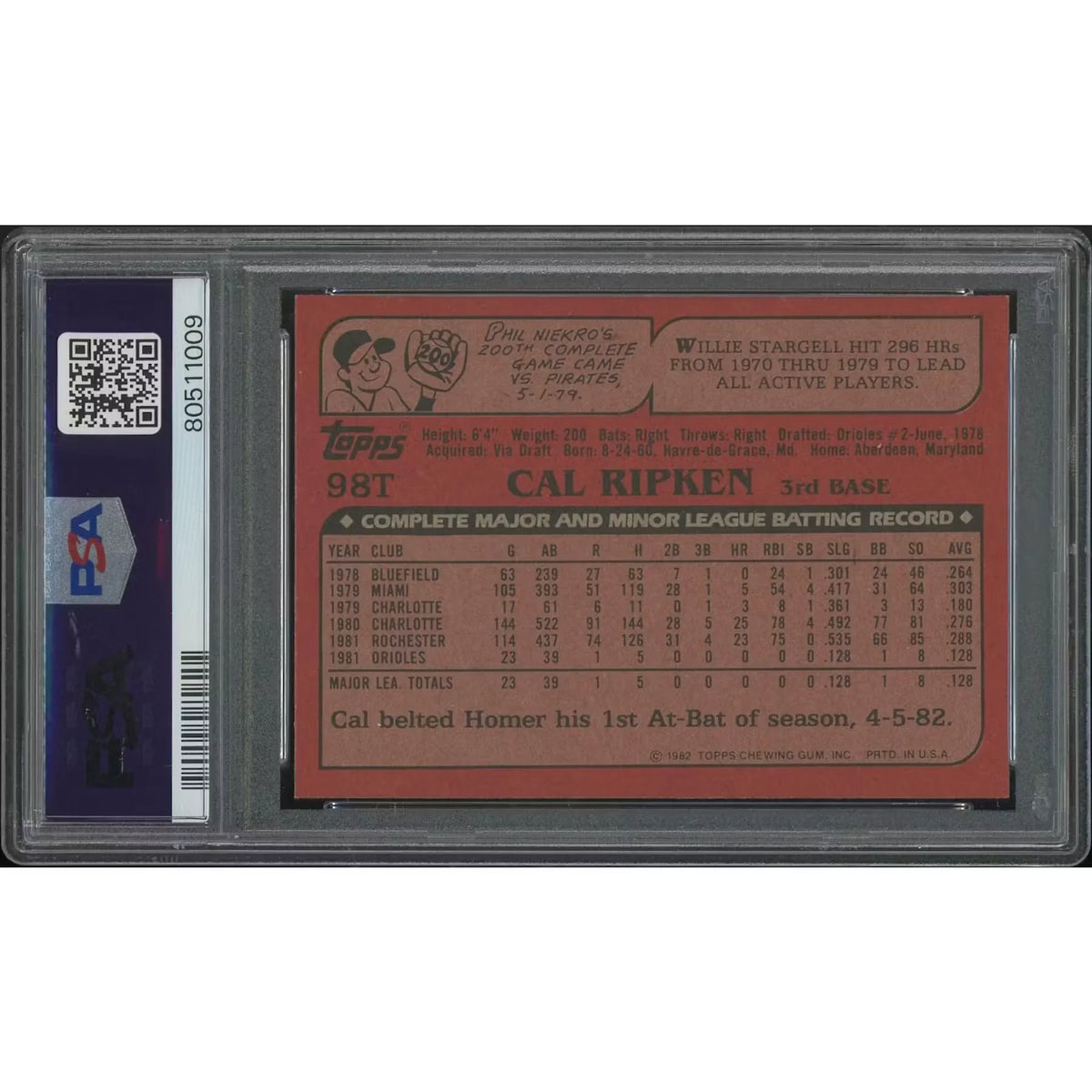 Cal Ripken Jr. Signed 1982 Topps Traded #98T Rookie Card | PSA/DNA | P5754983