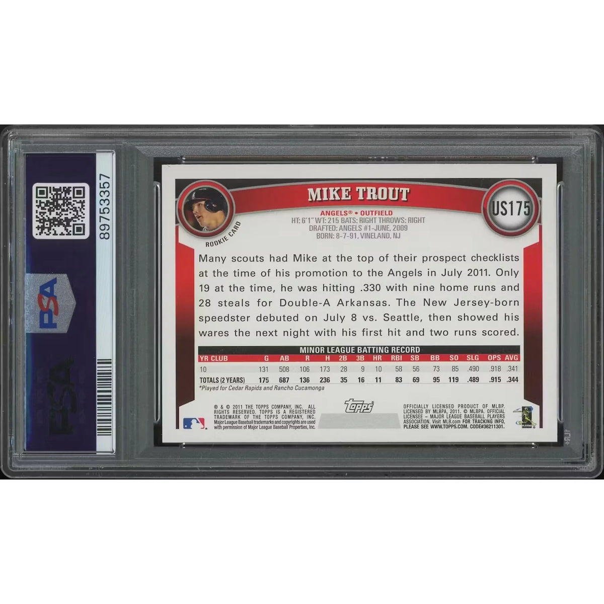 Mike Trout 2011 Topps Update Rookie Card #US175 | PSA 9 MINT | P5758538