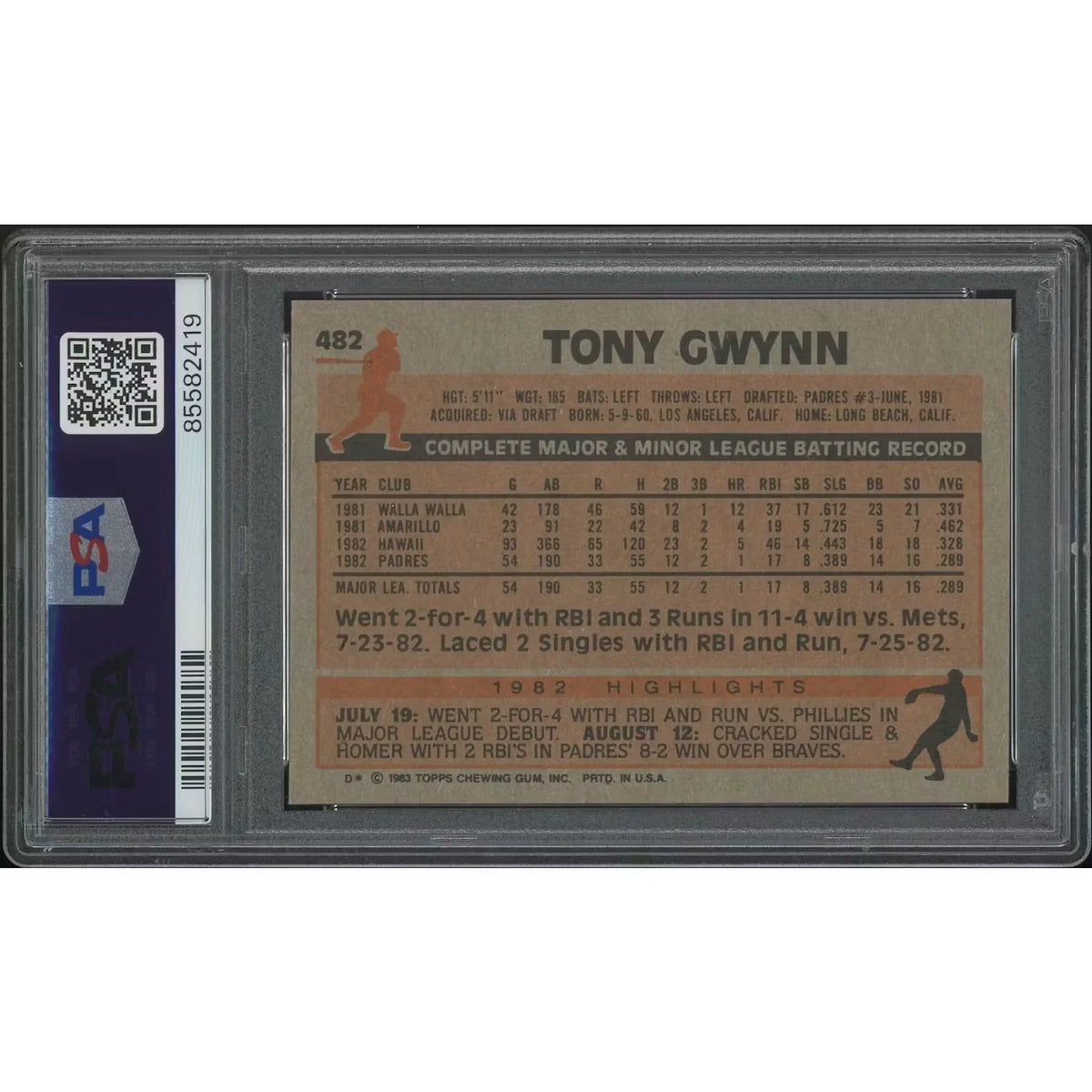 Tony Gwynn 1983 Topps Baseball #482 Rookie Card | PSA 9 Mint | P5758562