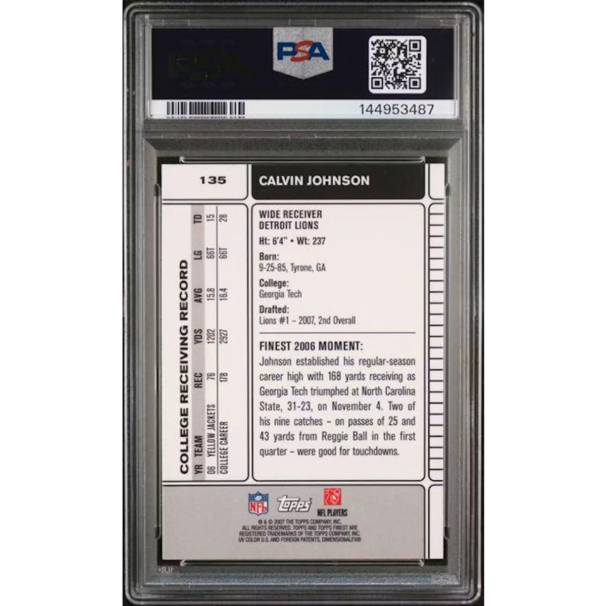 Calvin Johnson 2007 Topps Finest #135 | PSA 10 | P5758661
