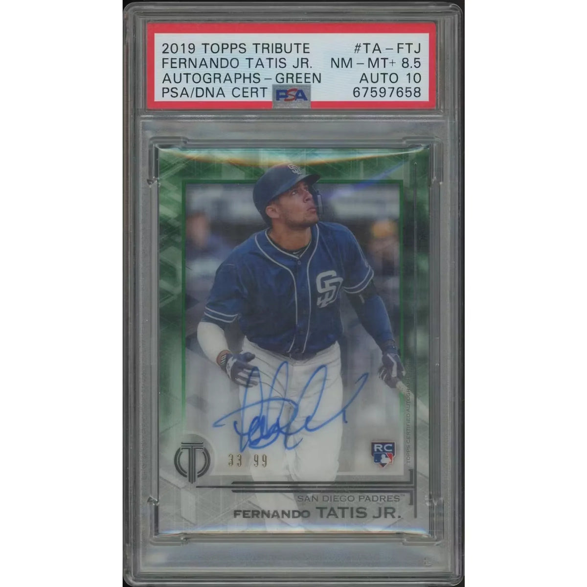 Fernando Tatis Jr. Signed 2019 Topps Tribute Rookie #33 Card | Green Auto PSA | P5758669