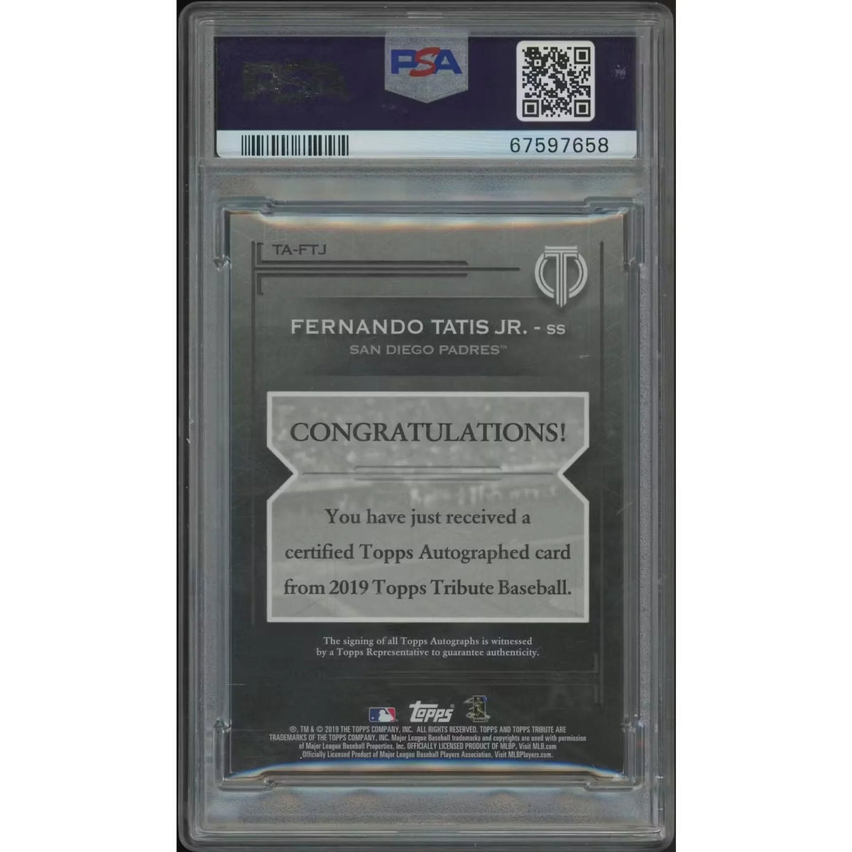 Fernando Tatis Jr. Signed 2019 Topps Tribute Rookie #33 Card | Green Auto PSA | P5758669