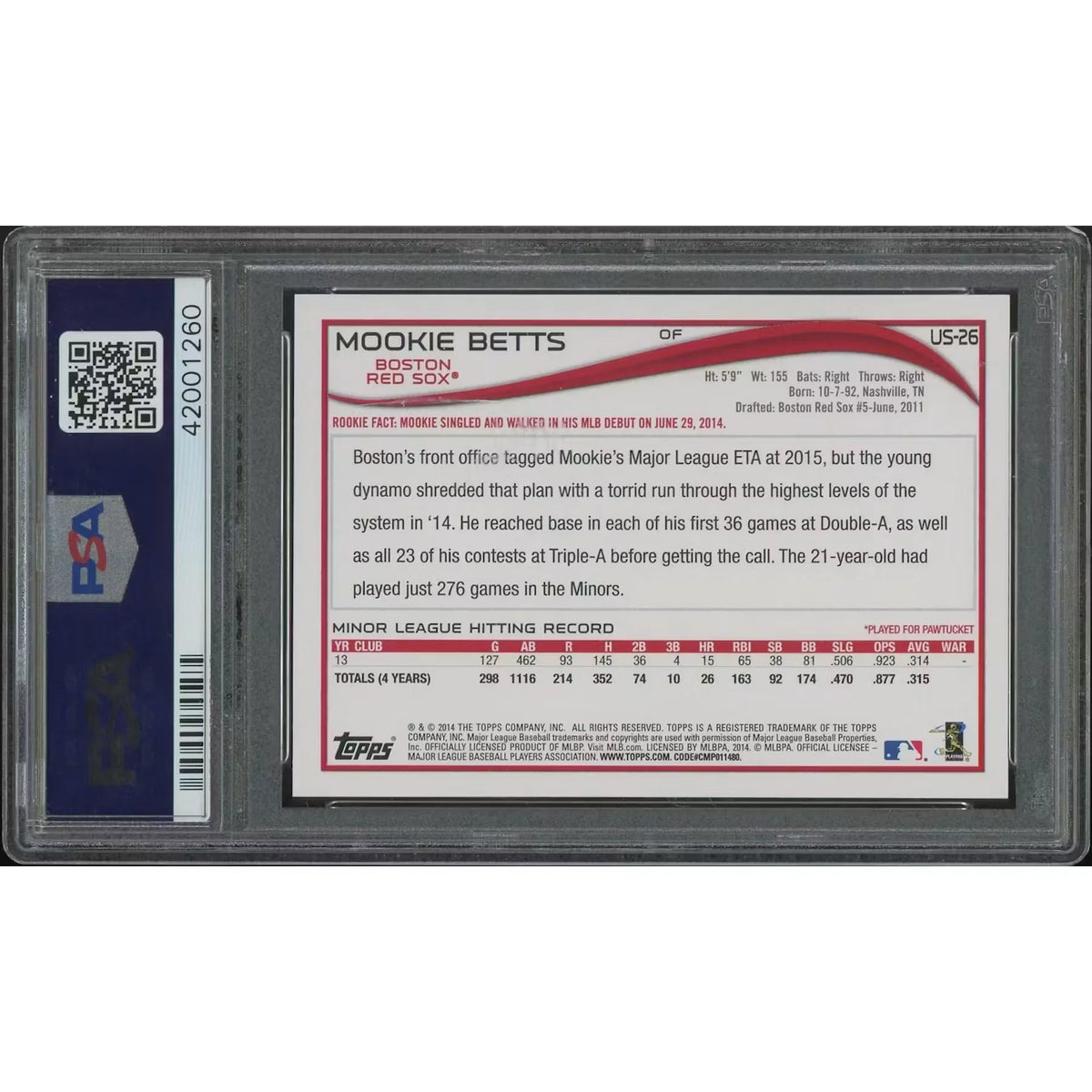 Mookie Betts 2014 Topps Update #US26 Rookie Card | PSA 10 Gem Mint | P5758670