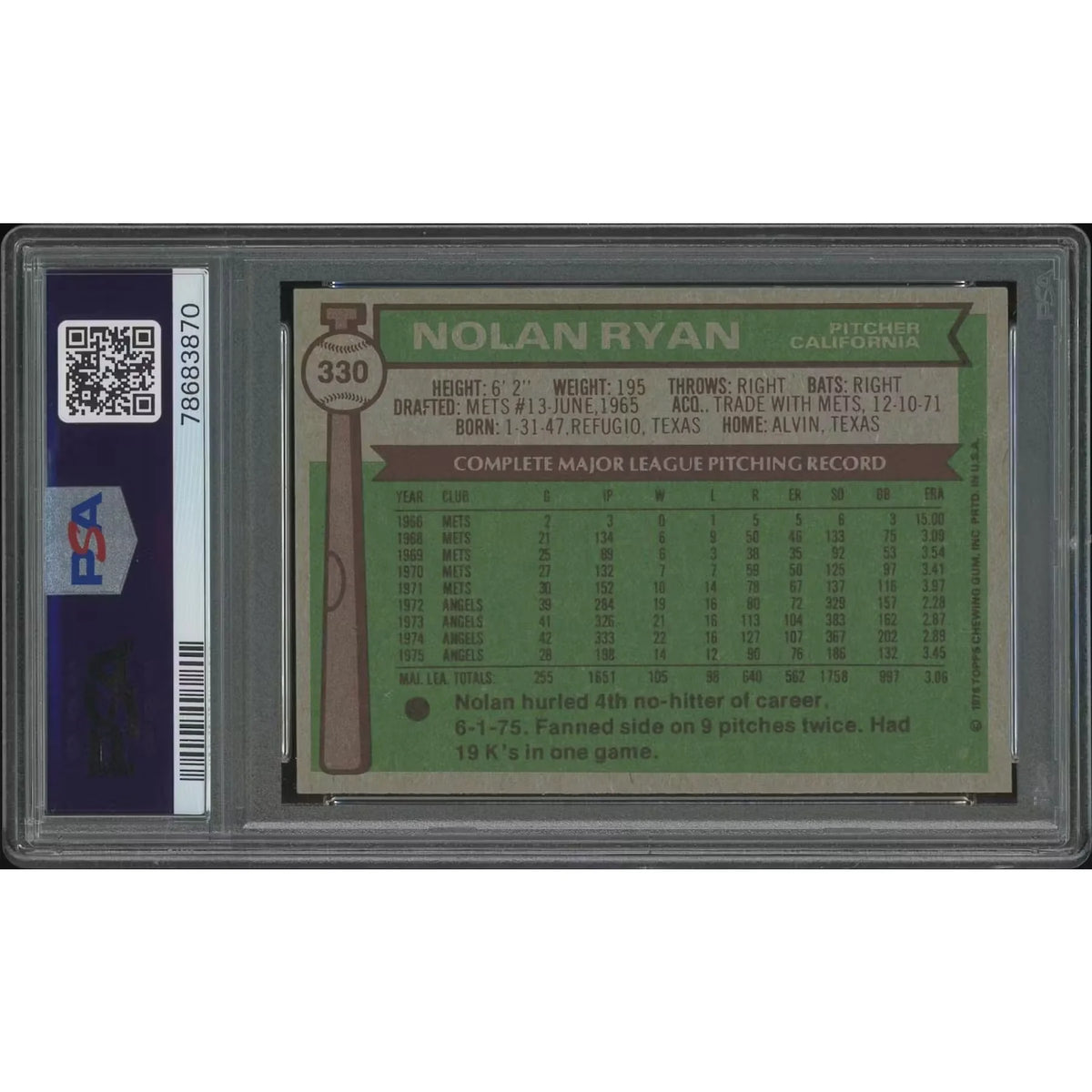 1976 Topps Baseball Nolan Ryan #330 Card | PSA 6 EX-MT | P5758712