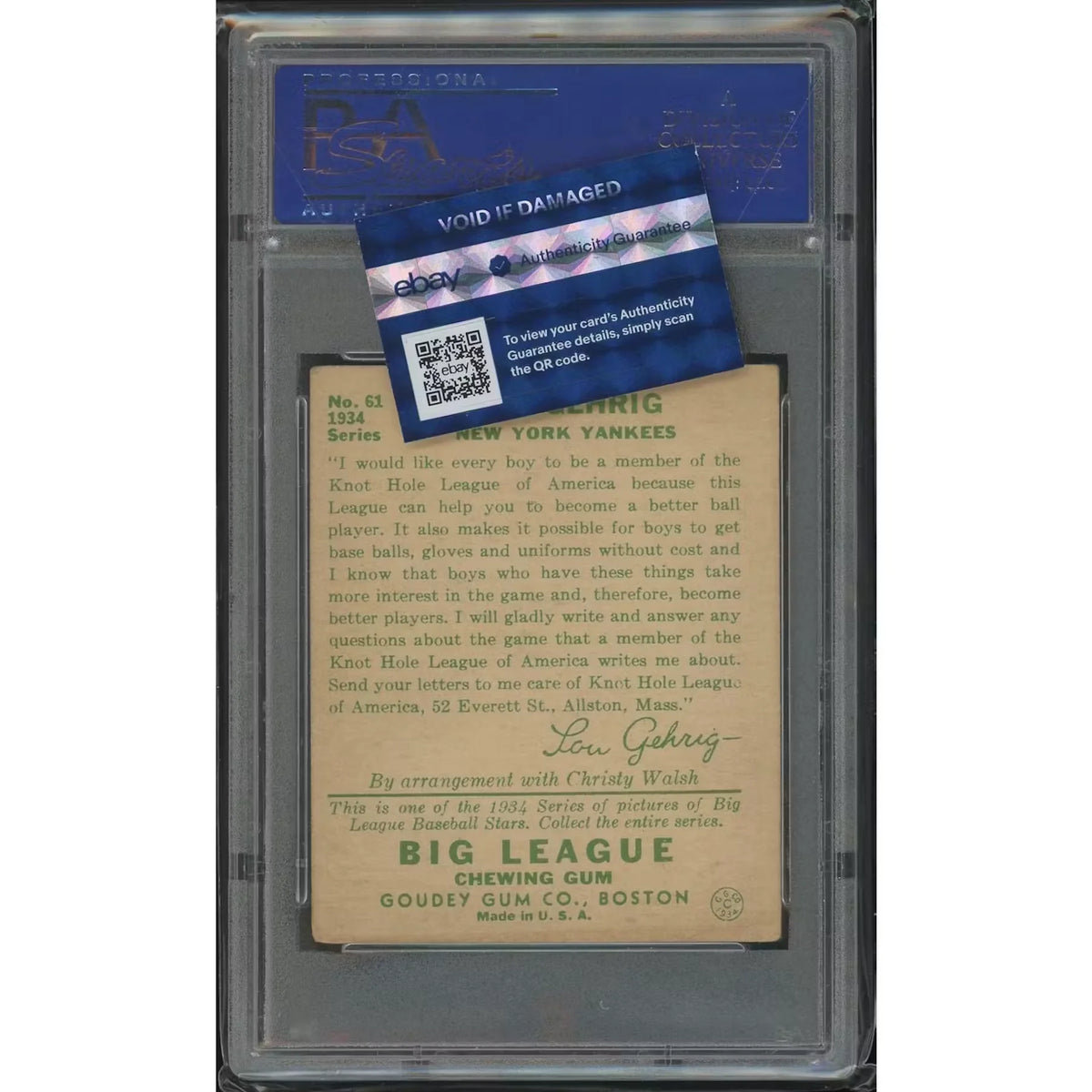 Lou Gehrig 1934 Goudey Baseball Card #61 | PSA 4 VG-EX | P5837194
