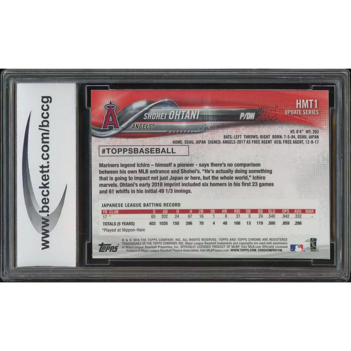 Shohei Ohtani 2018 Topps Chrome Update #HMT1 Rookie | BCCG 10 | P5837606