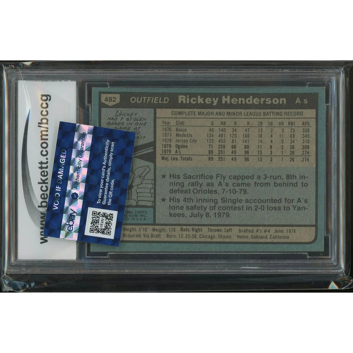 Rickey Henderson 1980 Topps Rookie Card #482 | BCCG 9 NM | P5837947