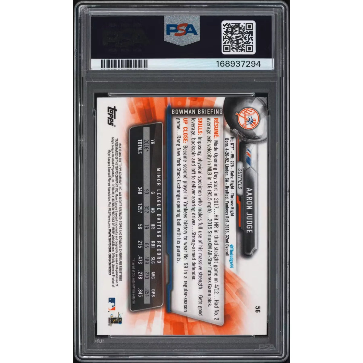 2017 Bowman Chrome Aaron Judge Rookie #56 PSA 9 - D2 | P5838083