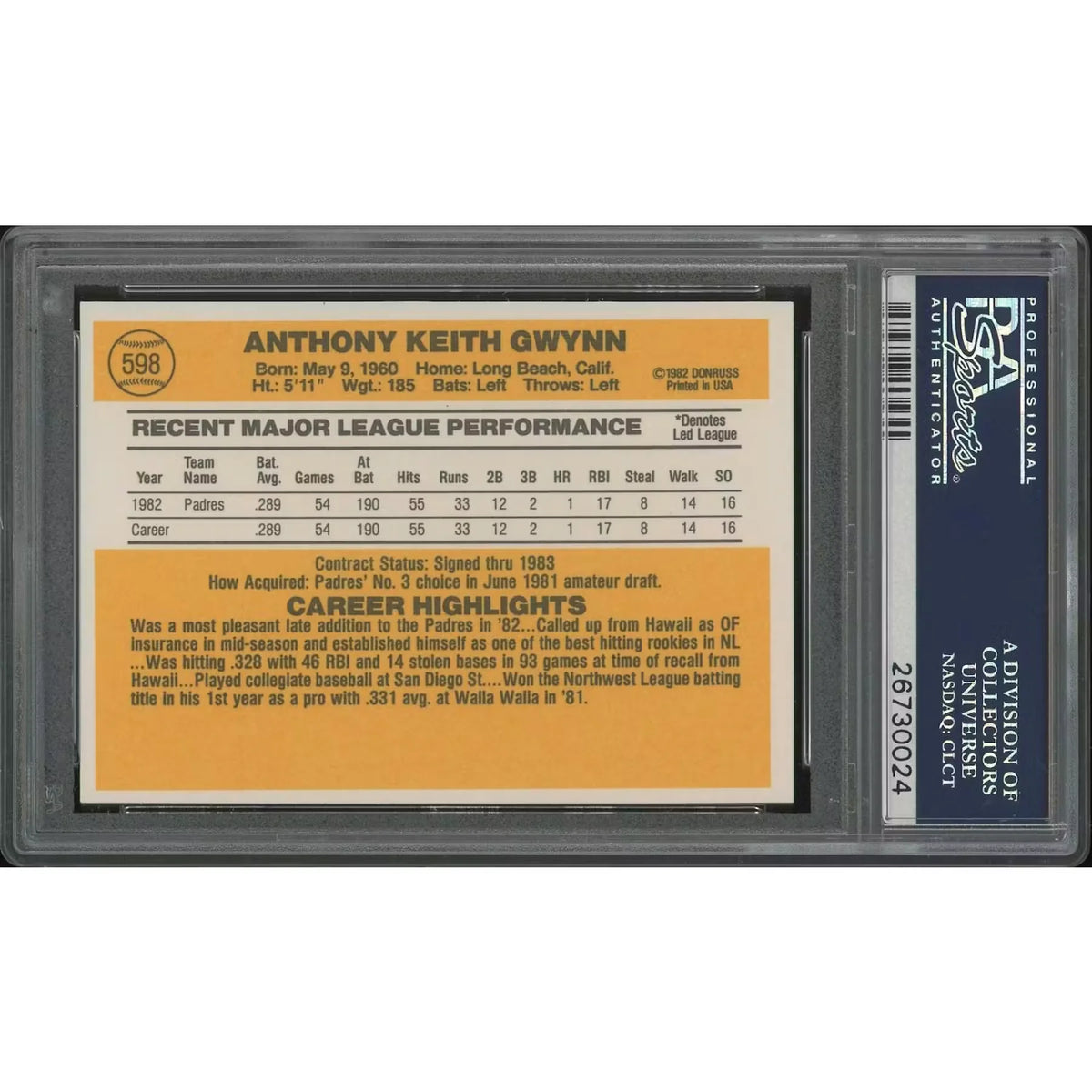 Tony Gwynn 1983 Donruss Rookie Card #598 | PSA 9 Mint | P5838328