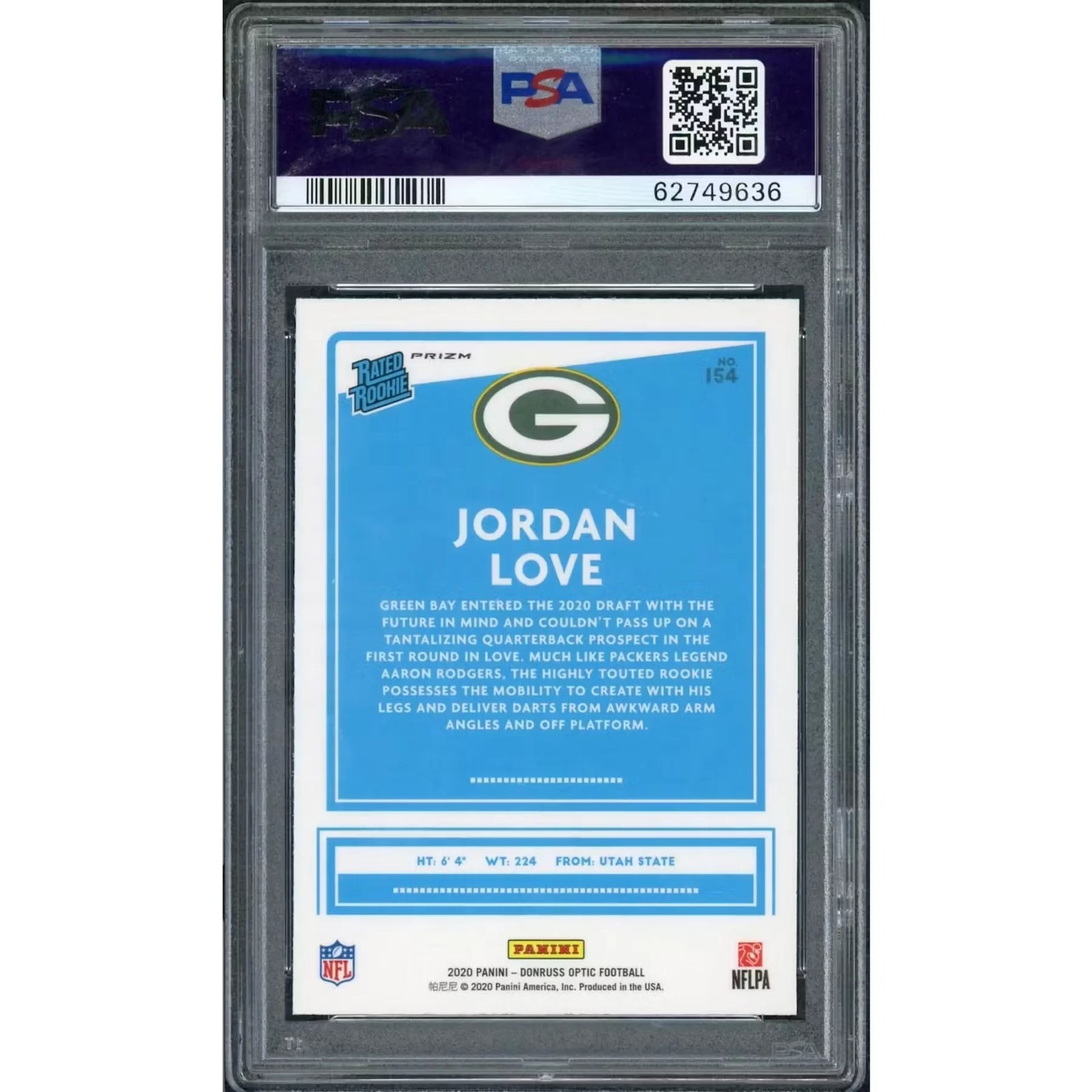 2020 Panini Donruss Optic Jordan Love Holo Rated Rookie #154 PSA 10 - D2