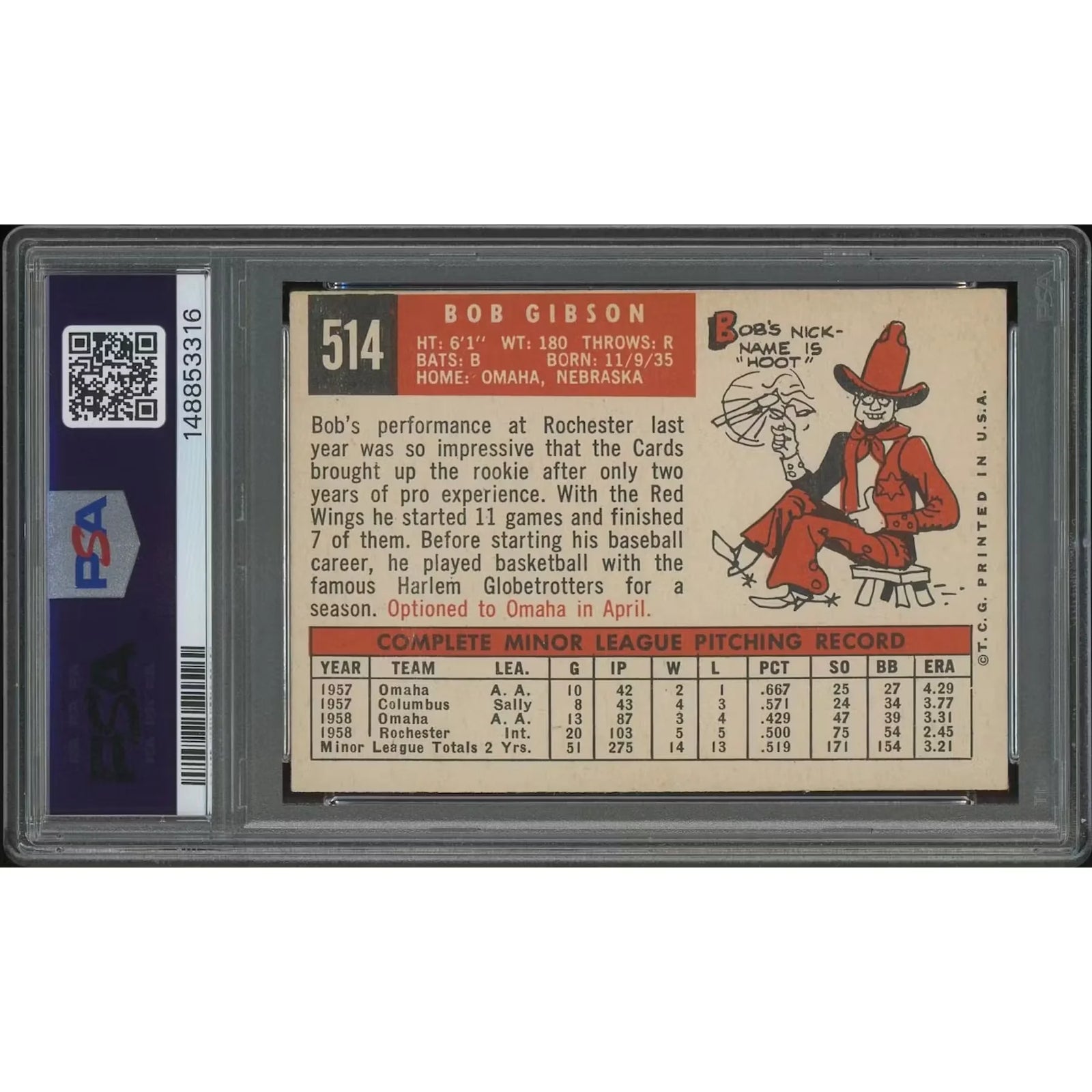 Bob Gibson 1959 Topps Baseball #514 Rookie Card | PSA 4 (VG-EX)