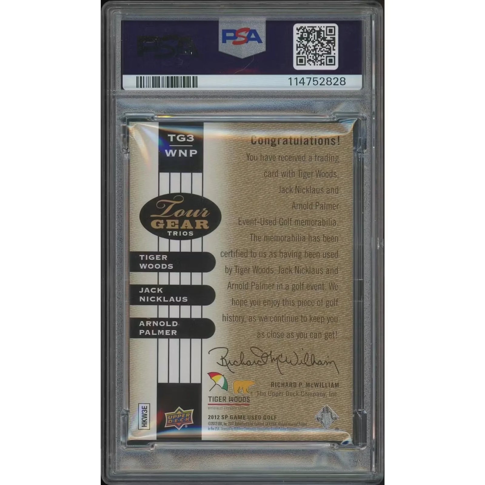 Tiger Woods, Jack Nicklaus & Arnold Palmer Signed Golf #25 Card | 2012 UD SP Game Used