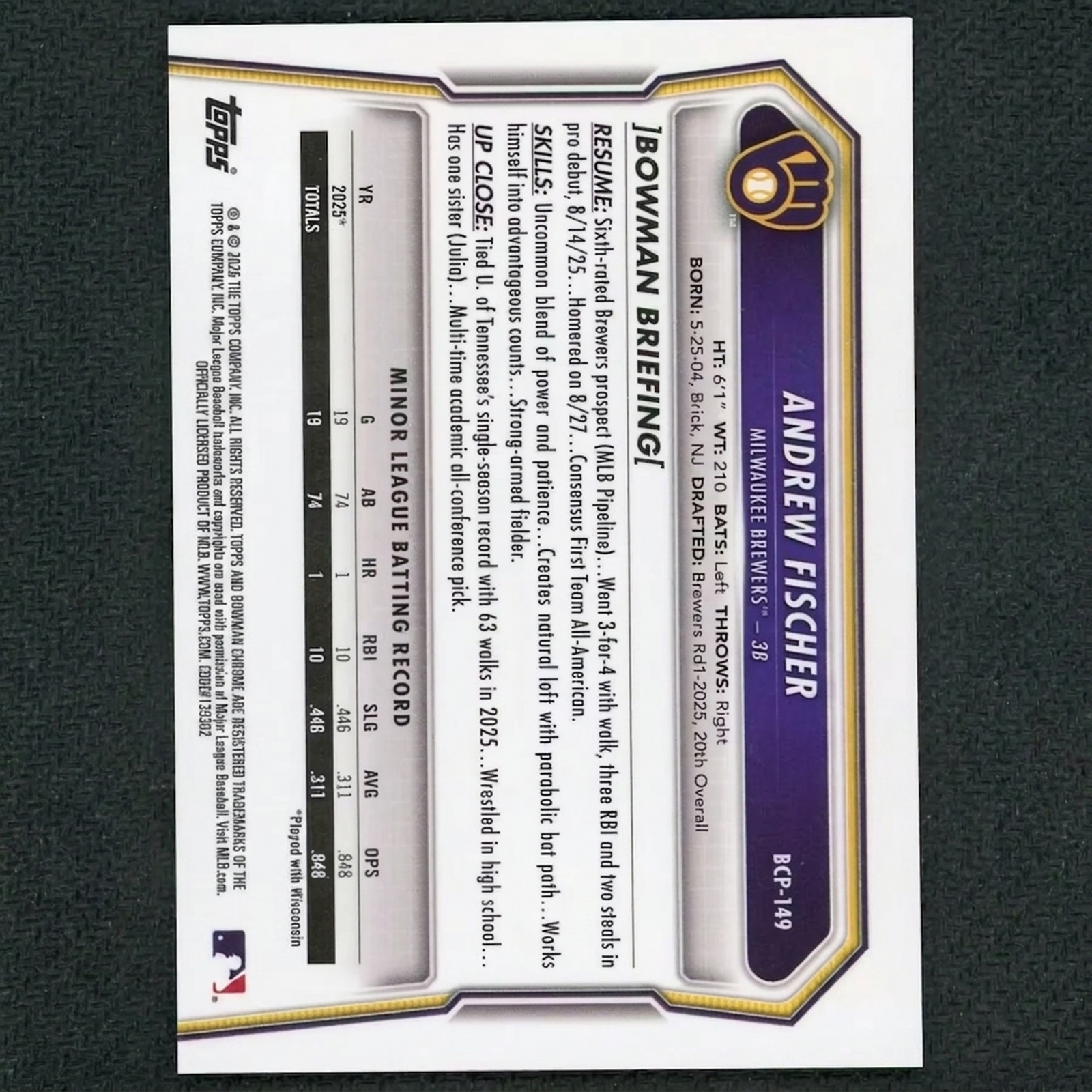 Andrew Fischer 2026 Bowman Chrome 1st Chrome Black/10
