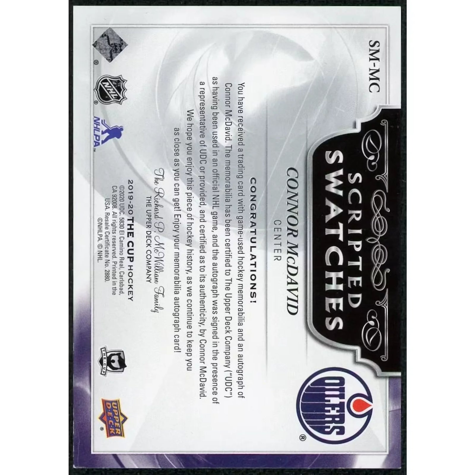 Connor McDavid Signed 2019-20 Upper Deck The Cup Card | Scripted Swatches Patch Auto/35