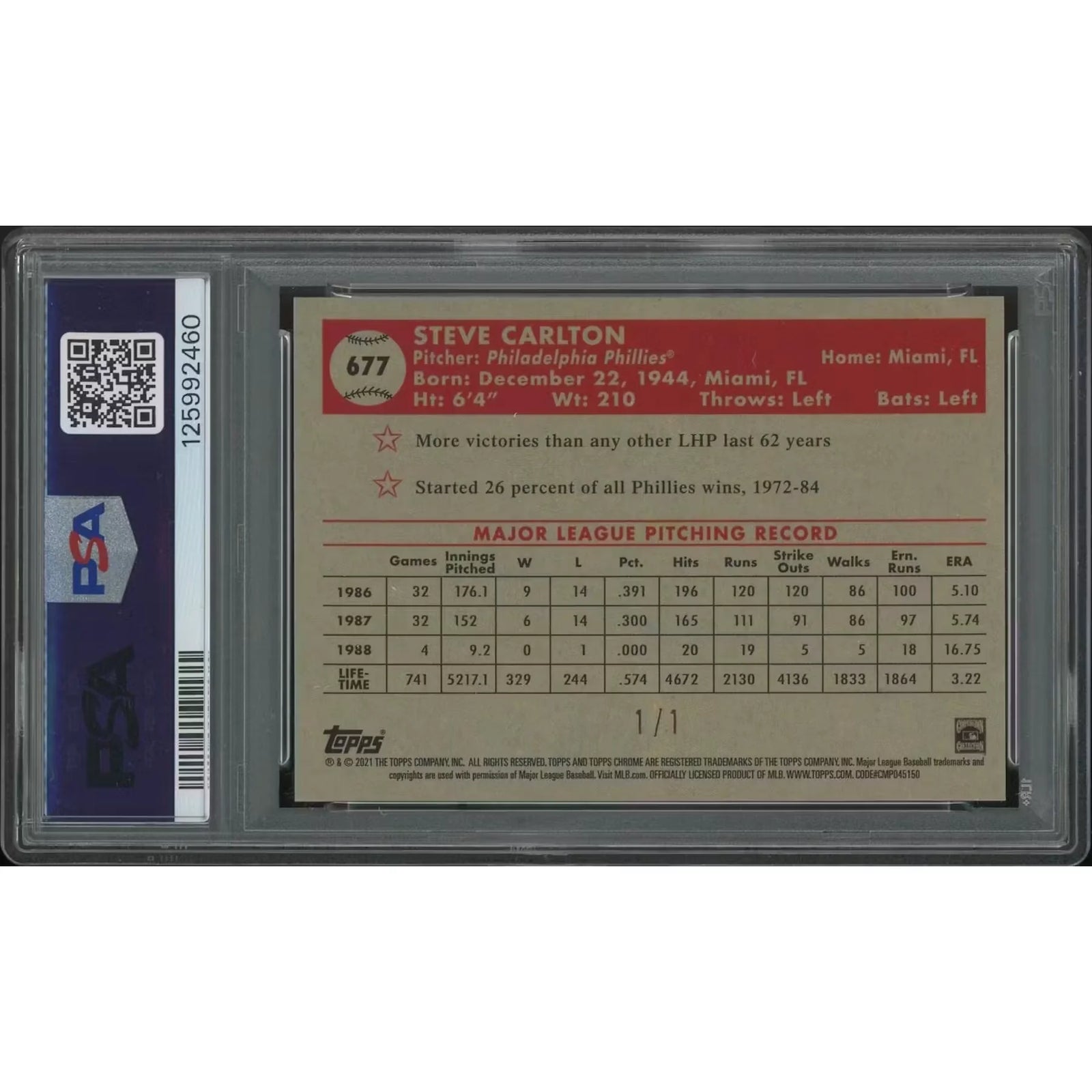 2021 Topps Chrome Platinum Anniversary Baseball #677 Steve Carlton Superfractor #1/1 PSA 9 (MINT) Sapphire